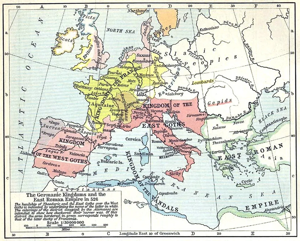 Mapa krolestw germanskich (Ostrogotow, Wizygotow, Wandalow, Frankow) i Cesarstwa Wschodniorzymskiego w 526 r. wedlug atlasu W.R. Shepherda