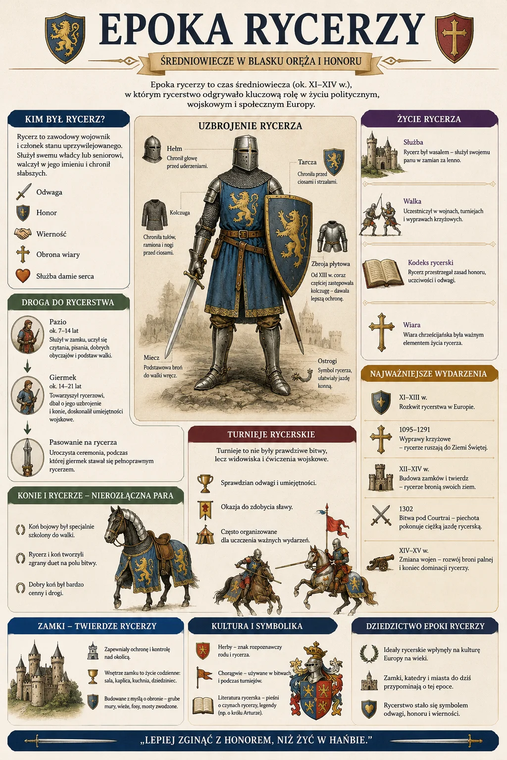 Infografika: Epoka rycerzy - kim byl rycerz, uzbrojenie rycerza (helm, kolczuga, tarcza, zbroja plytowa, miecz, ostrogi), droga do rycerstwa (pazio, giermek, pasowanie), turnieje rycerskie, kon bojowy, zamki jako twierdze rycerzy, kultura i symbolika (herby, choragwie, literatura rycerska), zycie rycerza, najwazniejsze wydarzenia od rozkwitu rycerstwa (XI-XIII w.) przez krucjaty (1095-1291) po koniec dominacji rycerstwa (XIV-XV w.), dziedzictwo epoki rycerzy.
