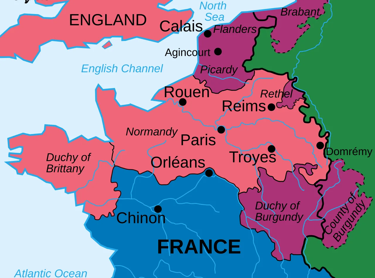 Mapa Francji i poludniowej Anglii z zaznaczonymi miejscami waznymi dla kultury rycerskiej: Rouen, Azincourt, Troyes, Reims, Paryz, Chinon