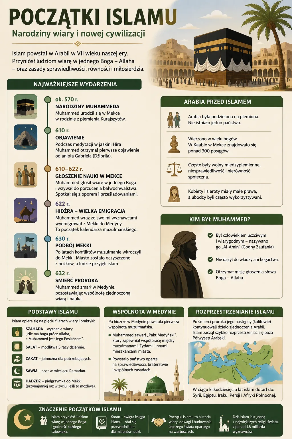 Infografika: Początki islamu - narodziny wiary i nowej cywilizacji. Oś czasu: narodziny Mahometa (ok. 570), pierwsze objawienie w grocie Hira (610), głoszenie nauki w Mekce, hidżra do Medyny (622), podbój Mekki (630), śmierć proroka (632). Arabia przed islamem - podział plemienny, wielobóstwo, wojny międzyplemienne. Pięć filarów islamu: szahada, salat, zakat, sawm, hadżdż. Wspólnota w Medynie i rozprzestrzenianie islamu po Syrii, Egipcie, Iraku, Persji i Afryce Północnej.