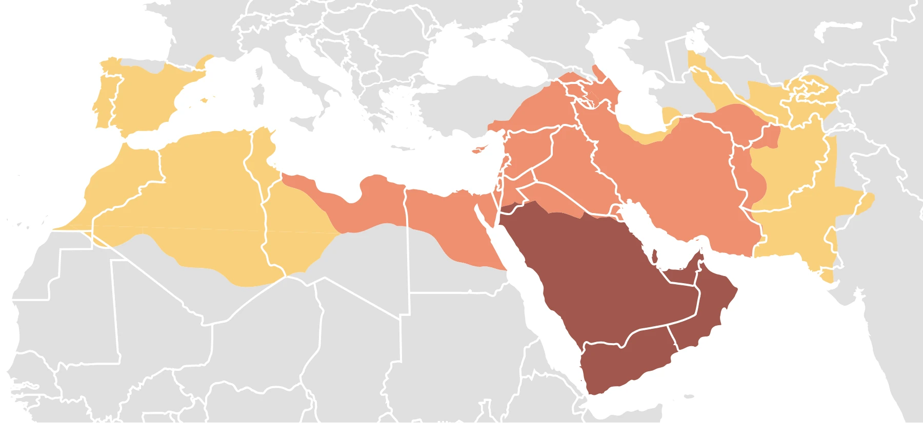 Mapa ekspansji kalifatu 622-750: Arabia za życia Mahometa, podboje Kalifatu Prawowiernego (Syria, Egipt, Persja) i zasieg Kalifatu Umajjadow od Hiszpanii po Azje Srodkowa