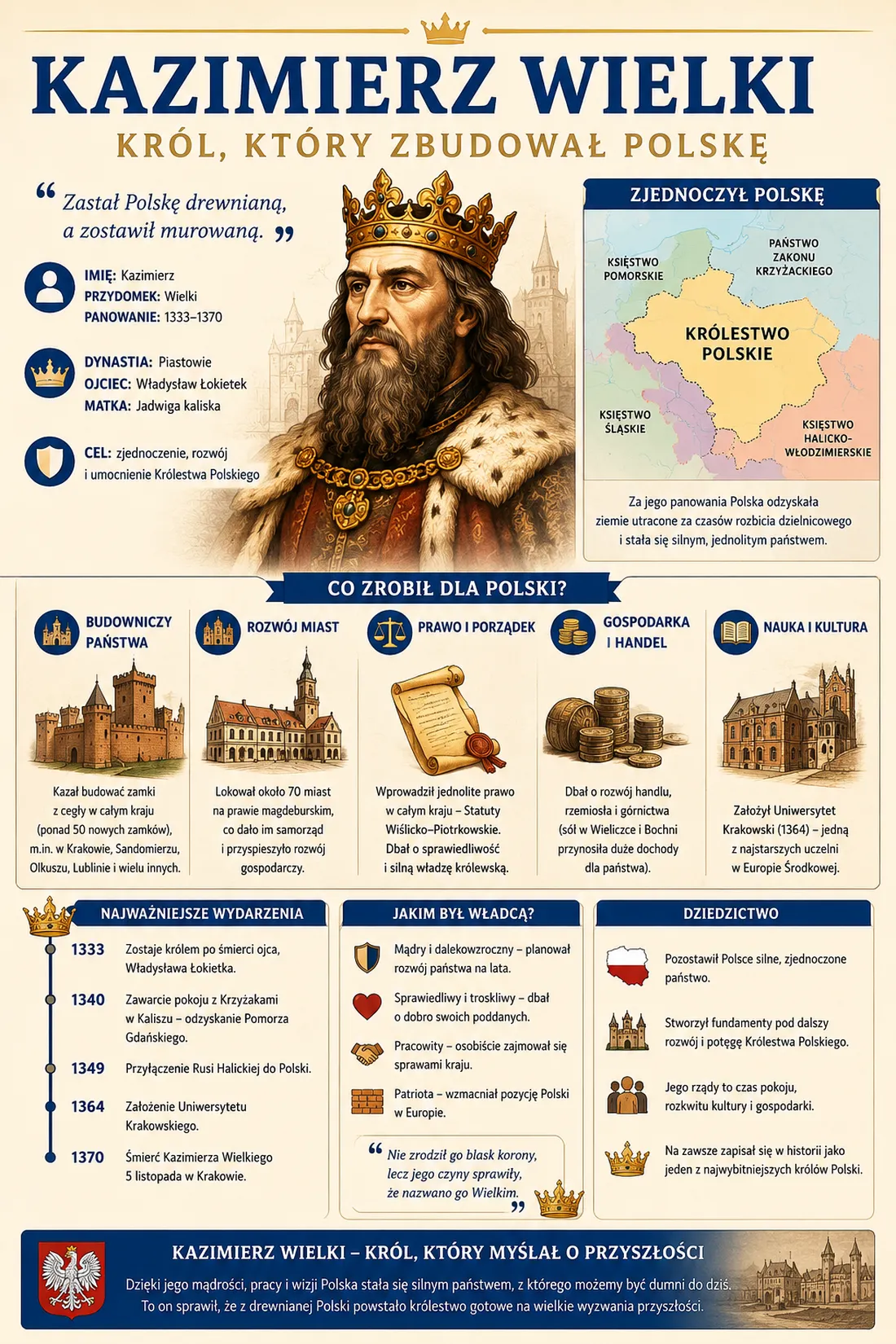 Infografika: Kazimierz Wielki 1333-1370, krol ktory zbudowal Polske. Dane: imie Kazimierz, przydomek Wielki, panowanie 1333-1370, dynastia Piastowie, ojciec Wladyslaw Lokietek, matka Jadwiga kaliska, cel: zjednoczenie, rozwoj i umocnienie Krolestwa Polskiego. Mapka 'Zjednoczyl Polske' z sasiadami: Ksiestwo Pomorskie, Panstwo Zakonu Krzyzackiego, Ksiestwo Slaskie, Ksiestwo Halicko-Wlodzimierskie. Co zrobil dla Polski - piec kategorii: budowniczy panstwa (ponad 50 zamkow murowanych), rozwoj miast (lokacja ok. 70 miast na prawie magdeburskim), prawo i porzadek (Statuty Wislicko-Piotrkowskie), gospodarka i handel (zupy soli w Wieliczce i Bochni), nauka i kultura (Uniwersytet Krakowski 1364). Najwazniejsze wydarzenia: 1333 koronacja, 1340 pokoj z Krzyzakami w Kaliszu, 1349 przylaczenie Rusi Halickiej, 1364 zalozenie Uniwersytetu Krakowskiego, 1370 smierc krola. Jakim byl wladca - madry, sprawiedliwy, pracowity, patriota. Dziedzictwo - silne zjednoczone panstwo, fundamenty potegi, czas pokoju i rozwoju kultury.