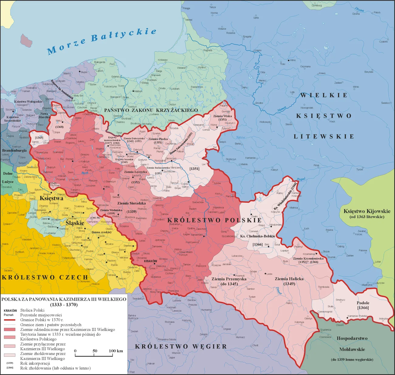 Mapa Polski za panowania Kazimierza Wielkiego okolo 1370 roku z zaznaczonymi miejscami: Krakow, Gniezno, Poznan, Kalisz, Wislica, Malbork, Lwow, Sandomierz, Wlodzimierz, Plock