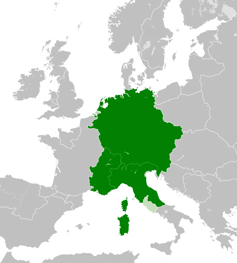 Mapa Swietego Cesarstwa Rzymskiego ok. 1097 roku z zaznaczonymi miejscami kluczowymi dla konfliktu papiestwa z cesarstwem: Akwizgran, Rzym, Wormacja, Spira, Canossa, Legnano