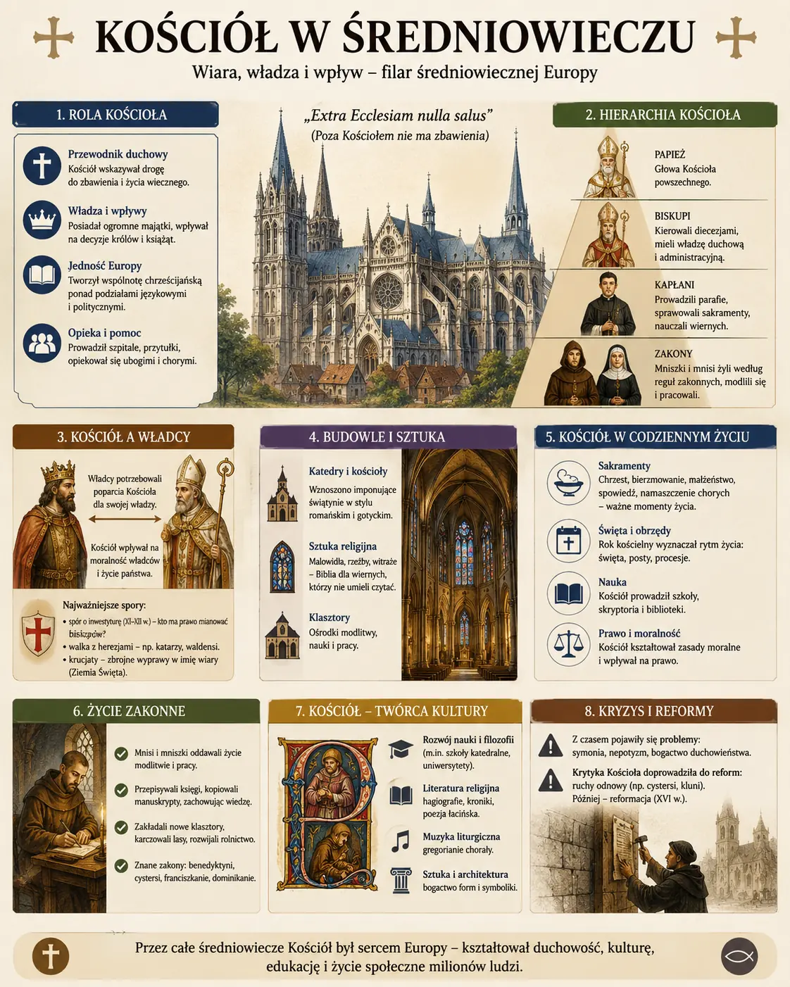 Infografika: Kościół w średniowieczu - organizacja, władza i wpływ na społeczeństwo. Hierarchia kościelna od papieża po zakonników, rok liturgiczny, oś czasu od edyktu mediolańskiego (313) po Wielką Schizmę Zachodnią (1378-1417), reformy gregoriańskie i spór o inwestyturę, zakony kontemplacyjne i żebrzące.