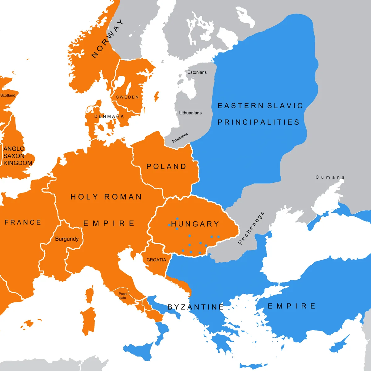 Mapa Wielkiej Schizmy Wschodniej 1054: podzial na Kosciol katolicki (Europa Zachodnia, Srodkowa, Skandynawia) i Kosciol prawoslawny (Bizancjum, ksiestwa wschodnioslowianskie) wraz ze znacznikami Rzymu, Konstantynopola, Cluny, Citeaux, Asyzu, Awinionu i Konstancji