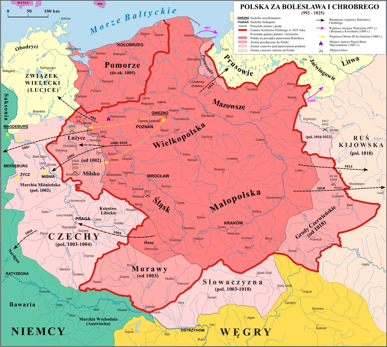Mapa Polski za Boleslawa Chrobrego ok. 1025 roku z zaznaczonymi miejscami kluczowymi dla kryzysu i odbudowy panstwa: Gniezno, Poznan, Krakow, Merseburg, Luzyce, Morawy, Slowaczyzna, Mazowsze, Praga, Wegry