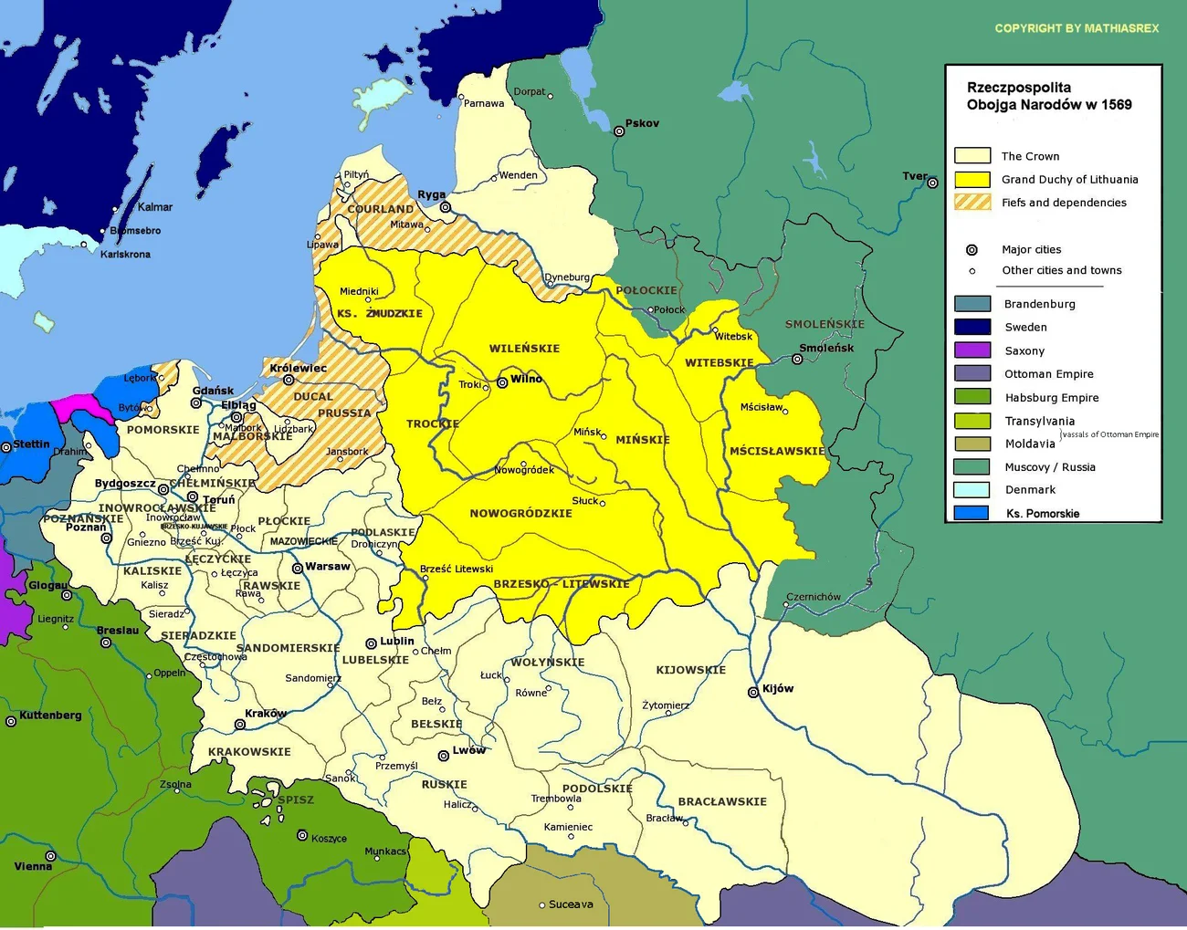 Mapa Rzeczpospolitej Obojga Narodow w 1569 roku - Korona Krolestwa Polskiego (kolor kremowy) i Wielkie Ksiestwo Litewskie (kolor zolty), z wojewodztwami Podlaskim, Wolynskim, Kijowskim i Braclawskim wcielonymi do Korony w 1569 roku