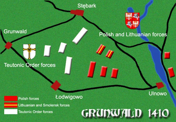 Mapa ustawienia wojsk przed bitwą pod Grunwaldem 15 lipca 1410 r.: wojska krzyżackie na lewo (zachód), wojska litewsko-smoleńskie i polskie na prawo (wschód), wsie Stębark, Grunwald, Łodwigowo, Ulnowo