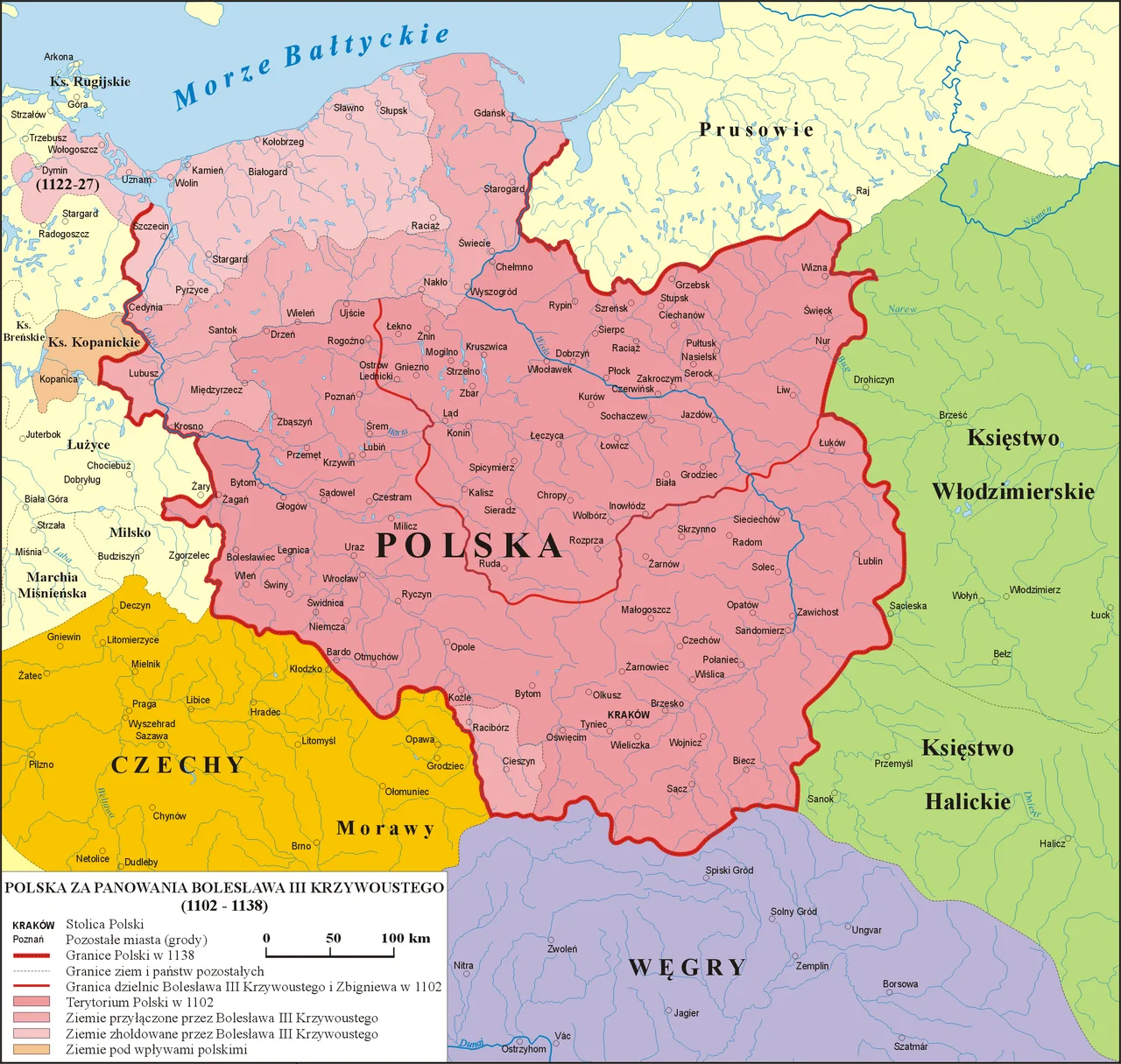 Mapa Polski 1102–1138 — ostatnie lata Krzywoustego, przed podziałem