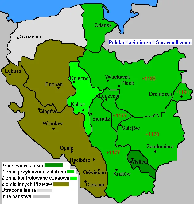 Mapa Polski 1177–1194 — czas Kazimierza Sprawiedliwego, koniec senioratu