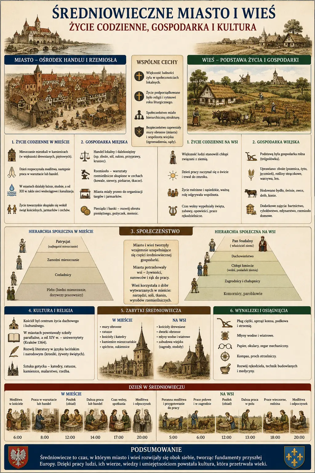 Infografika: Sredniowieczne miasto i wies - zycie codzienne, gospodarka i kultura. Porownanie miasta (osrodek handlu i rzemiosla) i wsi (podstawa zycia i gospodarki), wspolne cechy, hierarchia spoleczna w miescie i na wsi, kultura i religia, zabytki sredniowiecza, wynalazki i osiagniecia, dzien w sredniowieczu w miescie i na wsi.