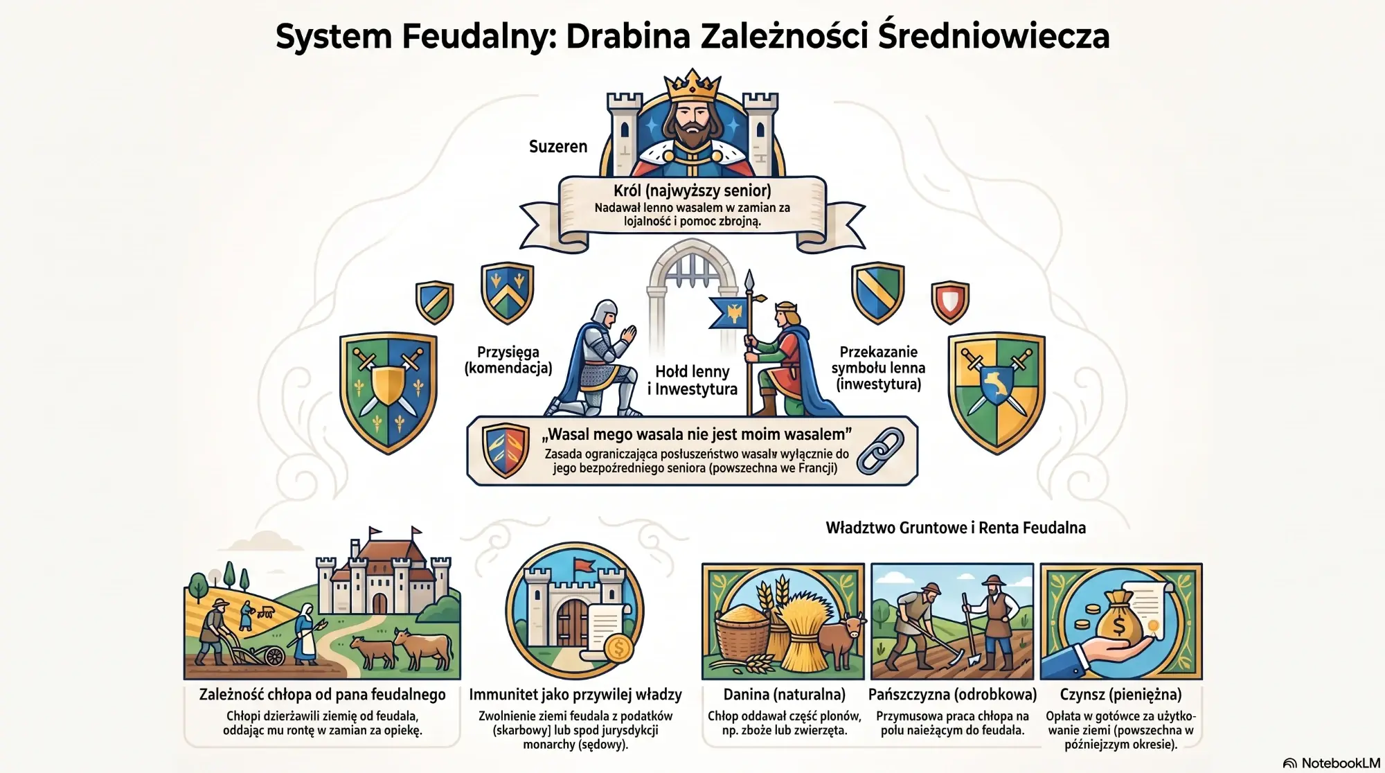 Infografika: System feudalny - drabina zależności średniowiecza. Król jako suzeren nadaje lenno, ceremonia hołdu lennego i inwestytury, zasada 'wasal mego wasala nie jest moim wasalem', władztwo gruntowe i renta feudalna (danina, pańszczyzna, czynsz)