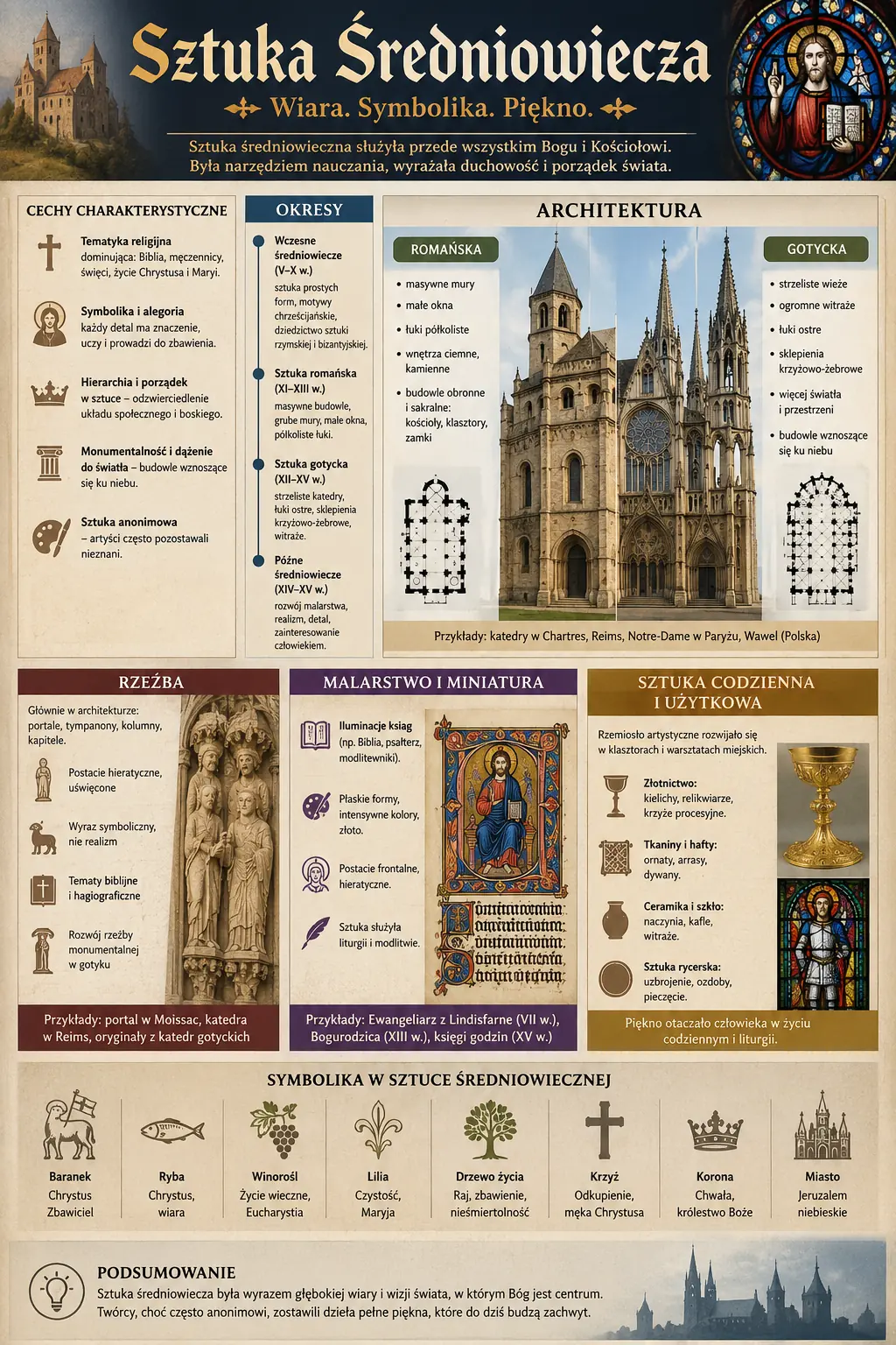 Infografika: Sztuka średniowiecza - od stylu romańskiego do gotyckiego. Cechy stylu romańskiego: grube mury, poloklagle luki, male okna. Cechy gotyku: ostroluki, przyporki oporowe, witraze, rozety. Anatomia katedry gotyckiej. Oś czasu od sztuki bizantyjskiej przez romanizm po narodziny gotyku w Saint-Denis (1140) i katedry Notre-Dame, Chartres, Amiens.