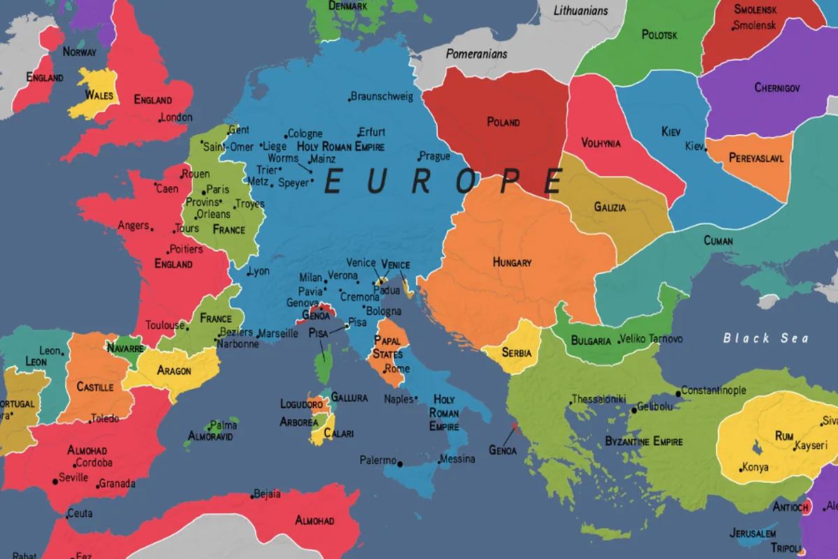 Mapa Europy ok. 1200 r. ze znacznikami zabytkow sztuki sredniowiecznej: Cluny, Spira, Paryz (Notre-Dame i Saint-Denis), Chartres, Amiens, Kolonia, Konstantynopol