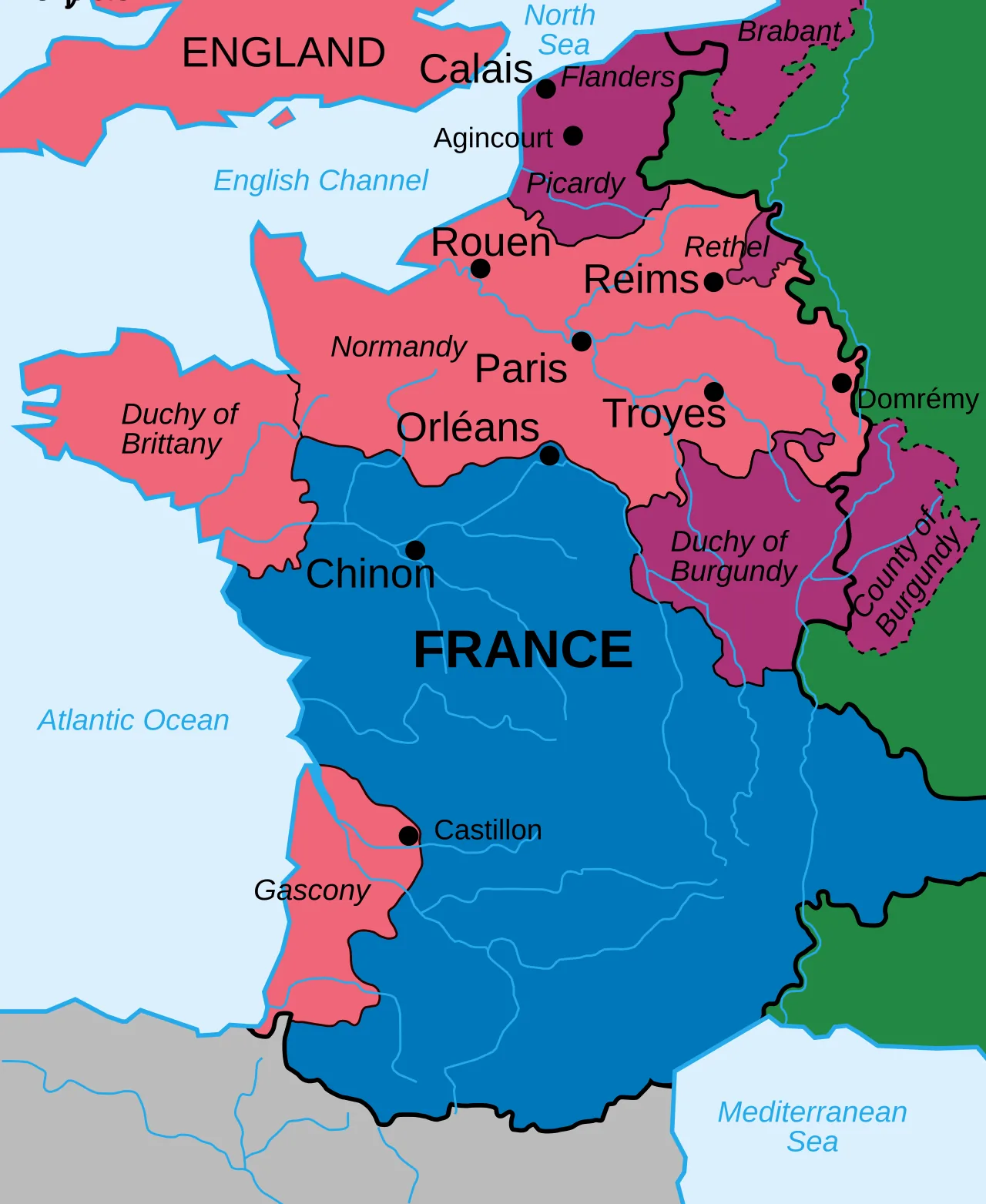Mapa Francji w 1429 roku z podziałem na tereny angielskie, francuskie i burgundzkie oraz miejscami kluczowych bitew wojny stuletniej