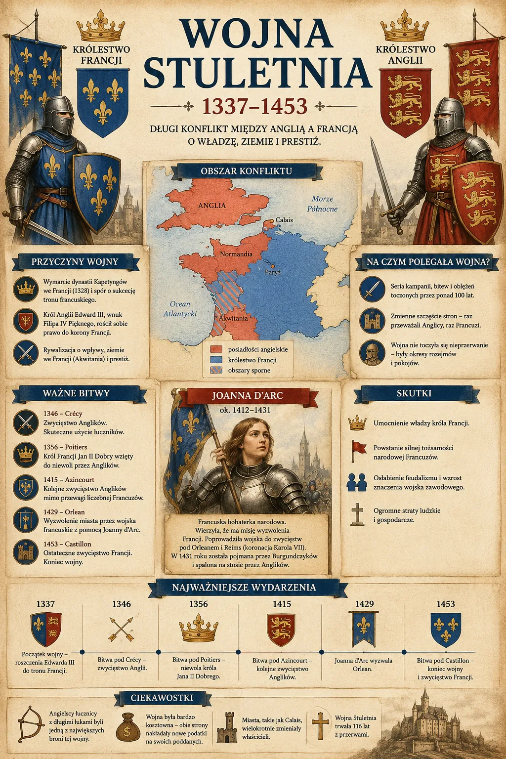 Infografika: Wojna stuletnia 1337-1453 - przyczyny, trzy fazy, strony konfliktu, kluczowe bitwy, Joanna d'Arc i skutki