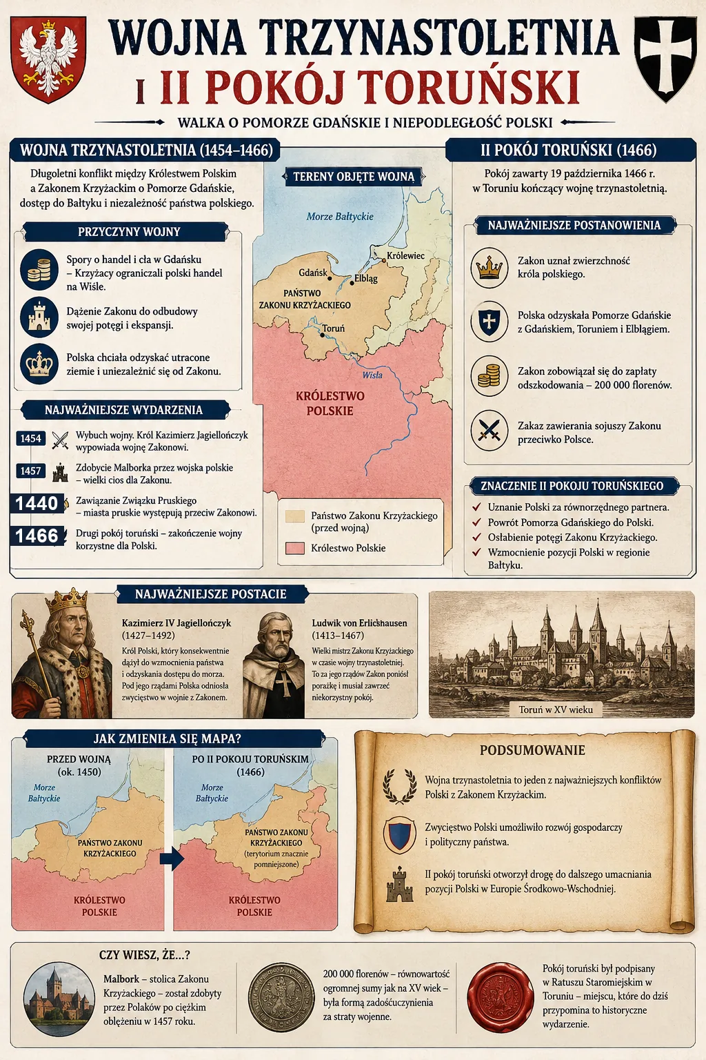 Infografika: wojna trzynastoletnia 1454-1466 i II pokój toruński - przyczyny, przebieg, mapa, postanowienia i skutki