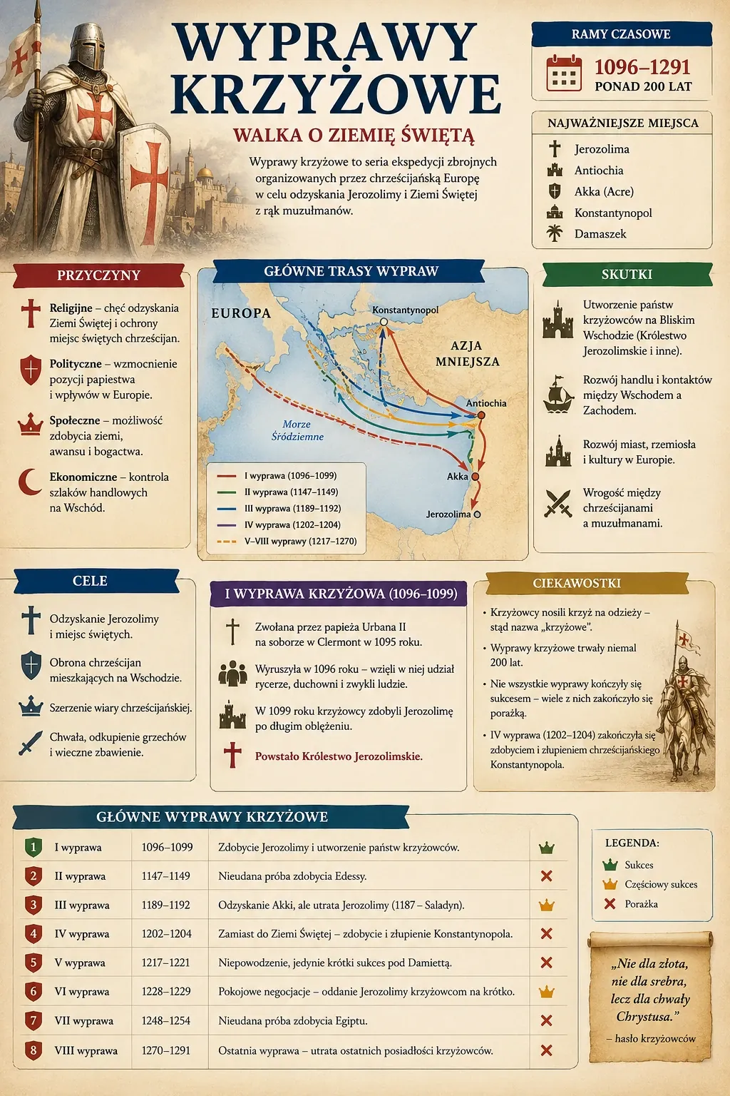 Infografika: Wyprawy krzyżowe - ramy czasowe 1096-1291, przyczyny, cele, skutki, mapa głównych tras wypraw, przebieg I wyprawy krzyżowej oraz tabela ośmiu głównych wypraw krzyżowych z wynikami