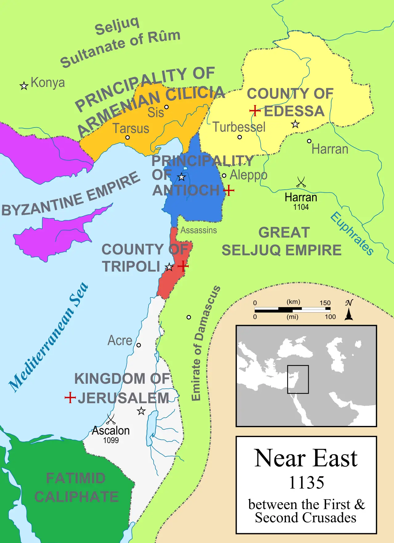 Mapa Bliskiego Wschodu w 1135 r.: cztery państwa krzyżowców (Królestwo Jerozolimskie, Księstwo Antiochii, Hrabstwo Edessy, Hrabstwo Trypolisu) na tle Cesarstwa Bizantyjskiego, sułtanatów seldżuckich i kalifatu fatymidzkiego