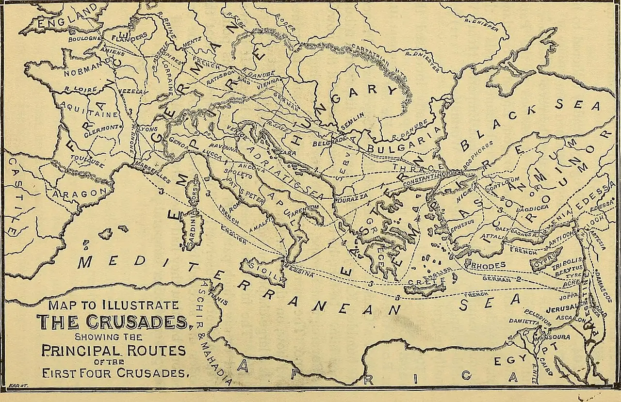 Mapa z 1870 r. ilustrująca szlaki pierwszych czterech wypraw krzyżowych - trasy przez Europę, Bałkany, Konstantynopol, Anatolię i Lewant do Jerozolimy oraz do Egiptu