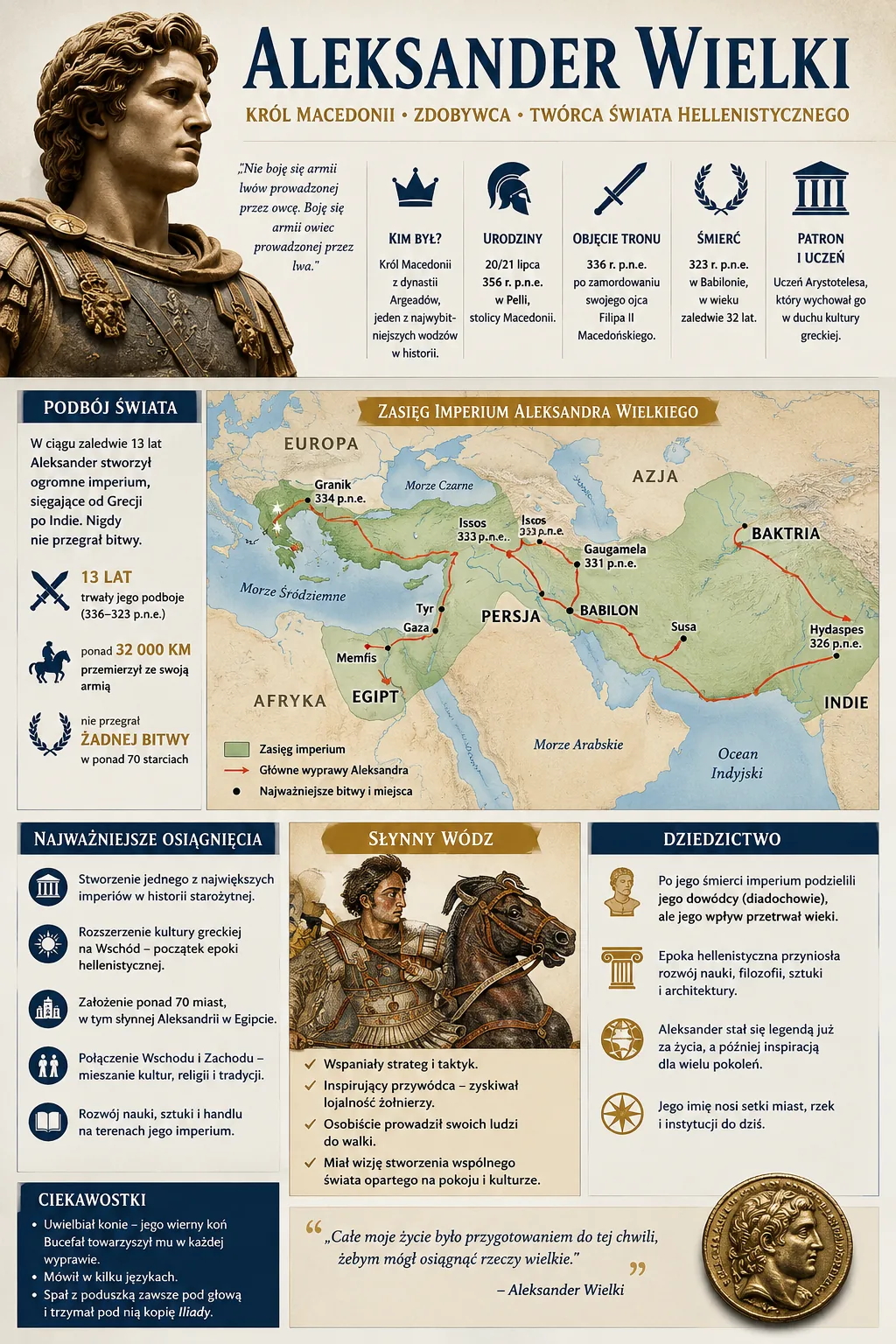 Infografika: Aleksander Wielki 356-323 p.n.e. - król Macedonii, podbój Persji, wielkie bitwy, mapa imperium i świat hellenistyczny