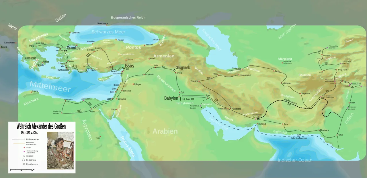 Mapa imperium Aleksandra Wielkiego (334-323 p.n.e.) z trasą wypraw i miejscami kluczowych bitew