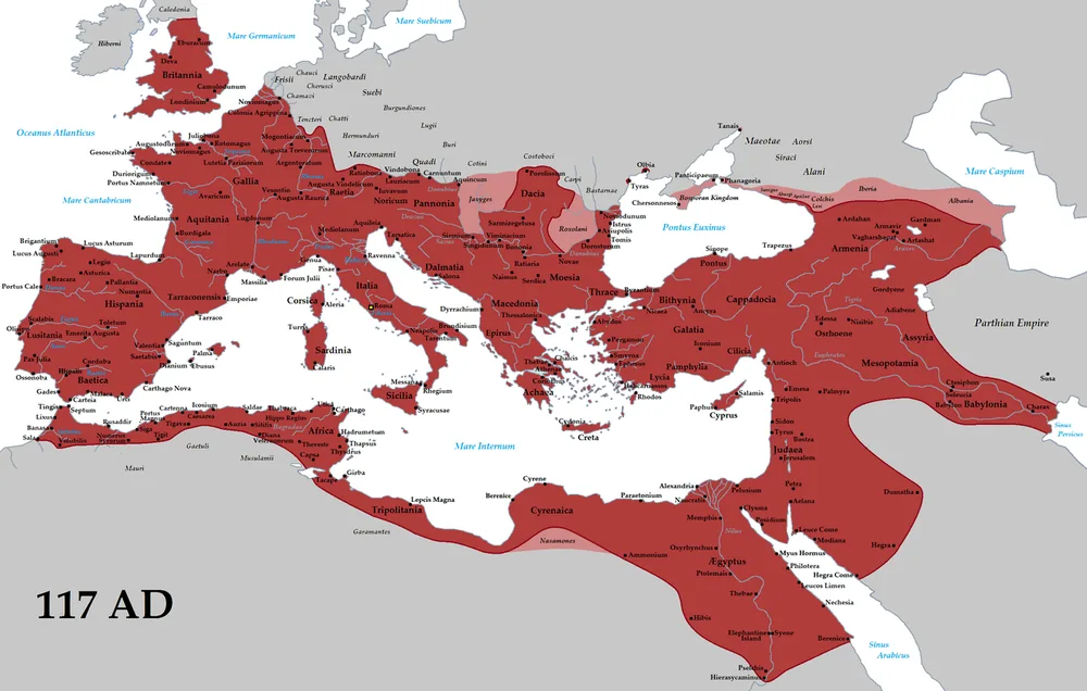 Mapa Cesarstwa Rzymskiego u szczytu terytorialnego w 117 r. n.e. za panowania Trajana, z prowincjami i klientami