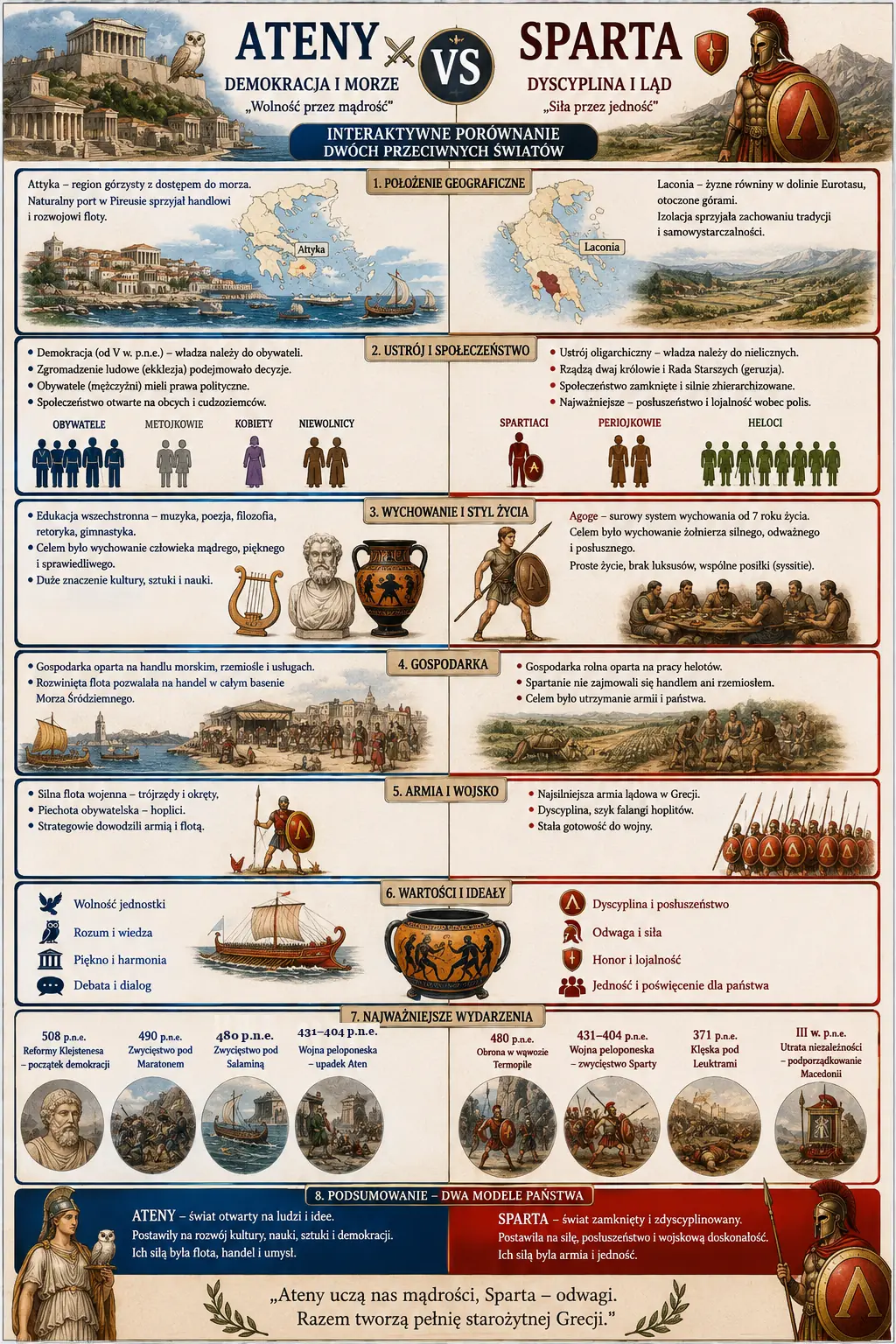 Infografika: Ateny vs Sparta - interaktywne porownanie dwoch przeciwnych swiatow. Polozenie geograficzne (Attyka, Lakonia), ustroj i spoleczenstwo (demokracja ateńska, oligarchia spartańska - spartiaci, periojkowie, heloci), wychowanie i styl zycia (edukacja wszechstronna vs agoge), gospodarka (handel morski vs praca helotow), armia i wojsko (flota vs falanga hoplitow), wartosci i idealy, najwazniejsze wydarzenia (reformy Klejstenesa 508 p.n.e., Maraton 490, Termopile i Salamina 480, wojna peloponeska 431-404 p.n.e.), podsumowanie dwoch modeli panstwa.