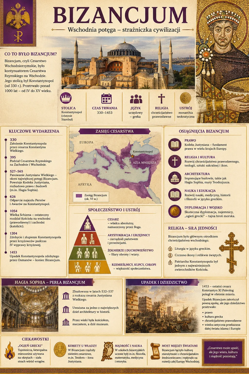 Infografika: Bizancjum (Cesarstwo Bizantyjskie) 330-1453 - geneza, Konstantynopol, Justynian, kultura, prawosławie i upadek