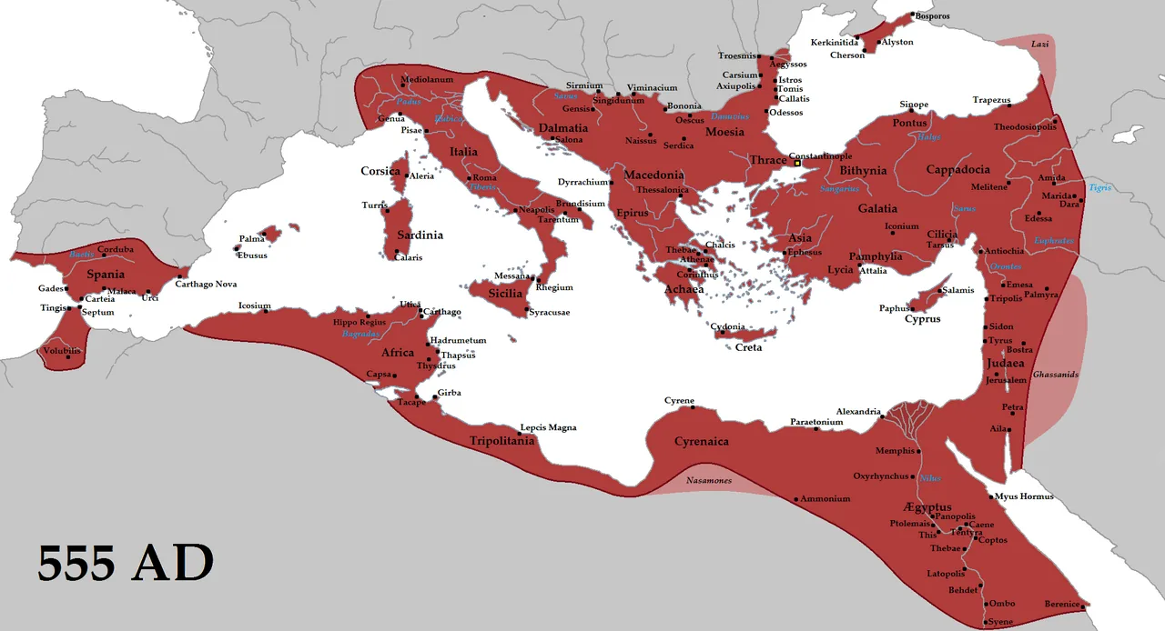 Mapa Cesarstwa Bizantyjskiego za Justyniana I (ok. 555 r.) z zaznaczonymi kluczowymi miastami