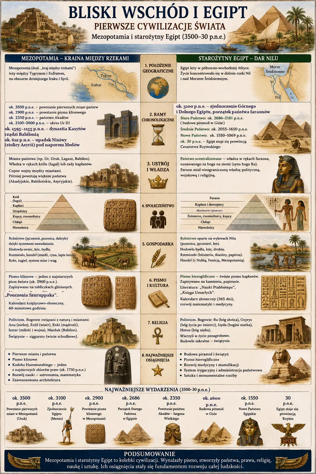 Infografika: Bliski Wschod i Egipt - pierwsze cywilizacje swiata. Mezopotamia (kraina miedzy rzekami) i starozytny Egipt (dar Nilu), 3500-30 p.n.e. Polozenie geograficzne, ramy chronologiczne (panstwo Akadow, dynastia Kasytow, upadek Niniwy, Stare/Srednie/Nowe Panstwo egipskie), ustroj i wladza, spoleczenstwo (hierarchia), gospodarka, pismo i kultura (pismo klinowe, hieroglify), religia, najwazniejsze osiagniecia, os czasu.