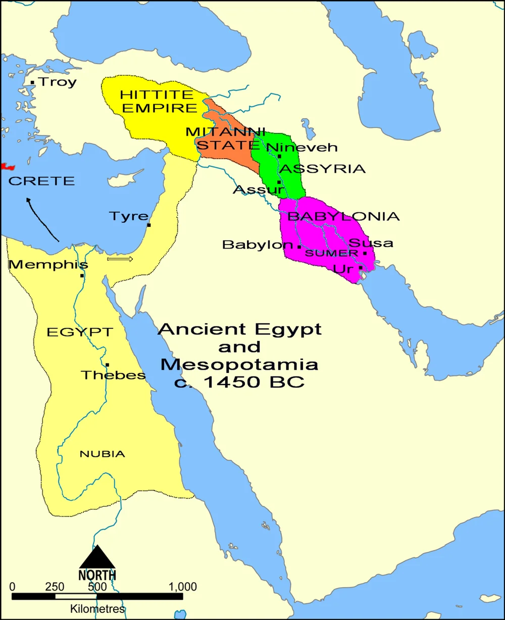 Mapa starozytnego Egiptu i Mezopotamii ok. 1450 p.n.e. z panstwami: Egipt, Hetyci, Mitanni, Asyria, Babilonia