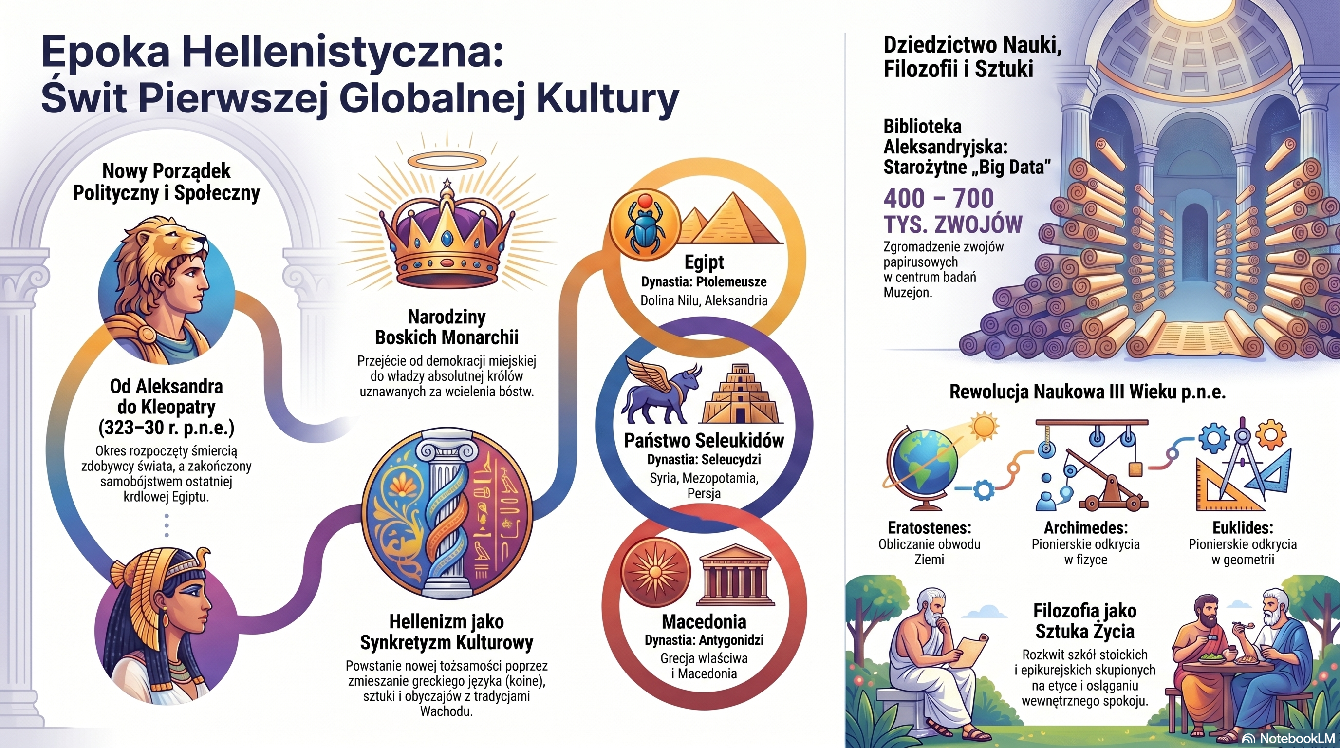 Infografika: Epoka Hellenistyczna — świt pierwszej globalnej kultury (323–30 p.n.e.)