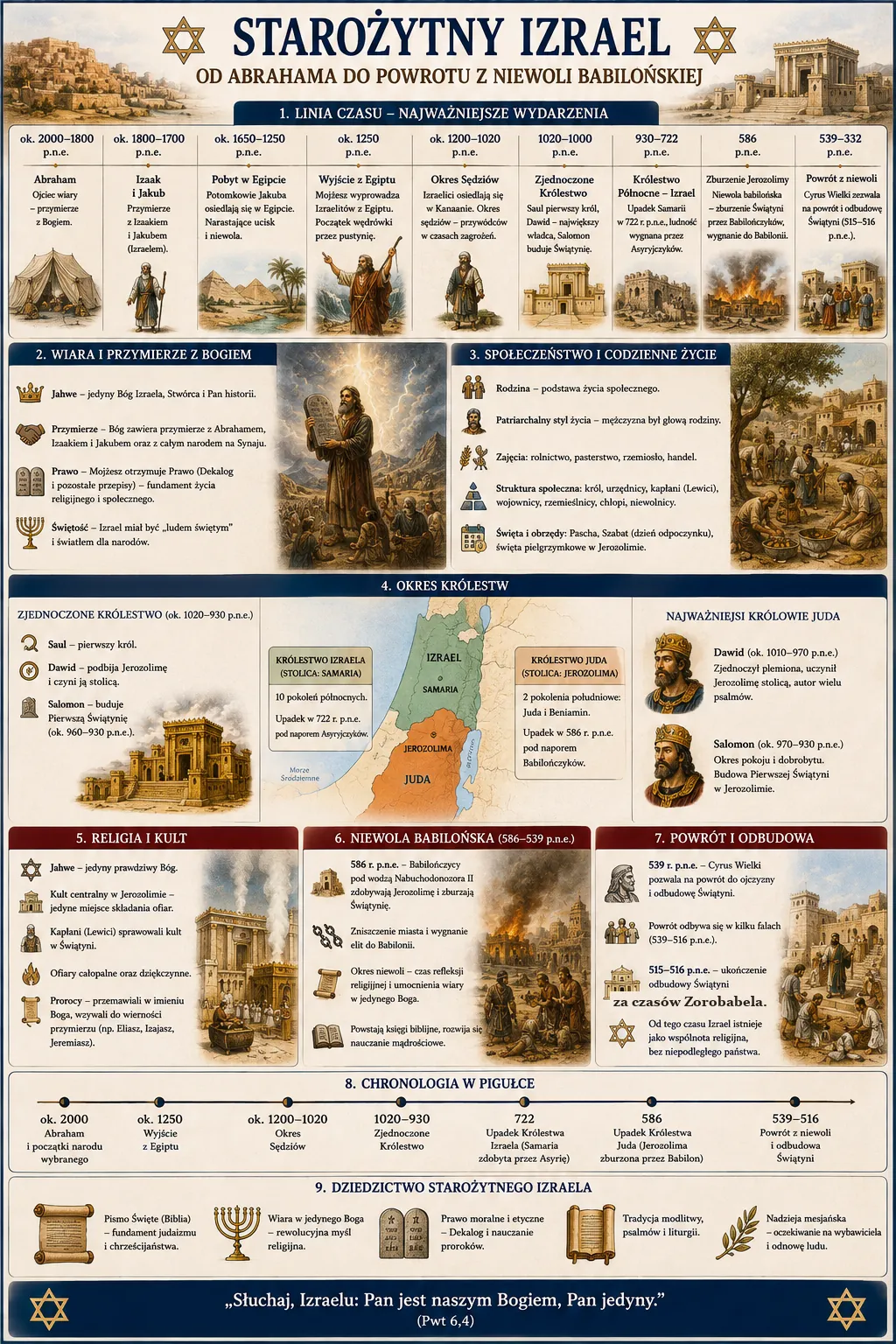Infografika: Starozytny Izrael - od Abrahama do powrotu z niewoli babilonskiej. Linia czasu (Abraham ok. 2000-1800 p.n.e., Izaak i Jakub, pobyt w Egipcie, wyjscie z Egiptu ok. 1250 p.n.e., okres Sedziow, Zjednoczone Krolestwo 1020-930 p.n.e., Krolestwo Polnocne Izrael 930-722 p.n.e., zburzenie Jerozolimy 586 p.n.e., powrot z niewoli 539-332 p.n.e.), wiara i przymierze z Bogiem, spoleczenstwo i codzienne zycie, okres krolestw z mapa podzialu na Krolestwo Izraela (stolica Samaria) i Krolestwo Judy (stolica Jerozolima), religia i kult, niewola babilonska 586-539 p.n.e., powrot i odbudowa Swiatyni pod przewodnictwem Zorobabela (515-516 p.n.e.), chronologia w pigulce oraz dziedzictwo starozytnego Izraela.