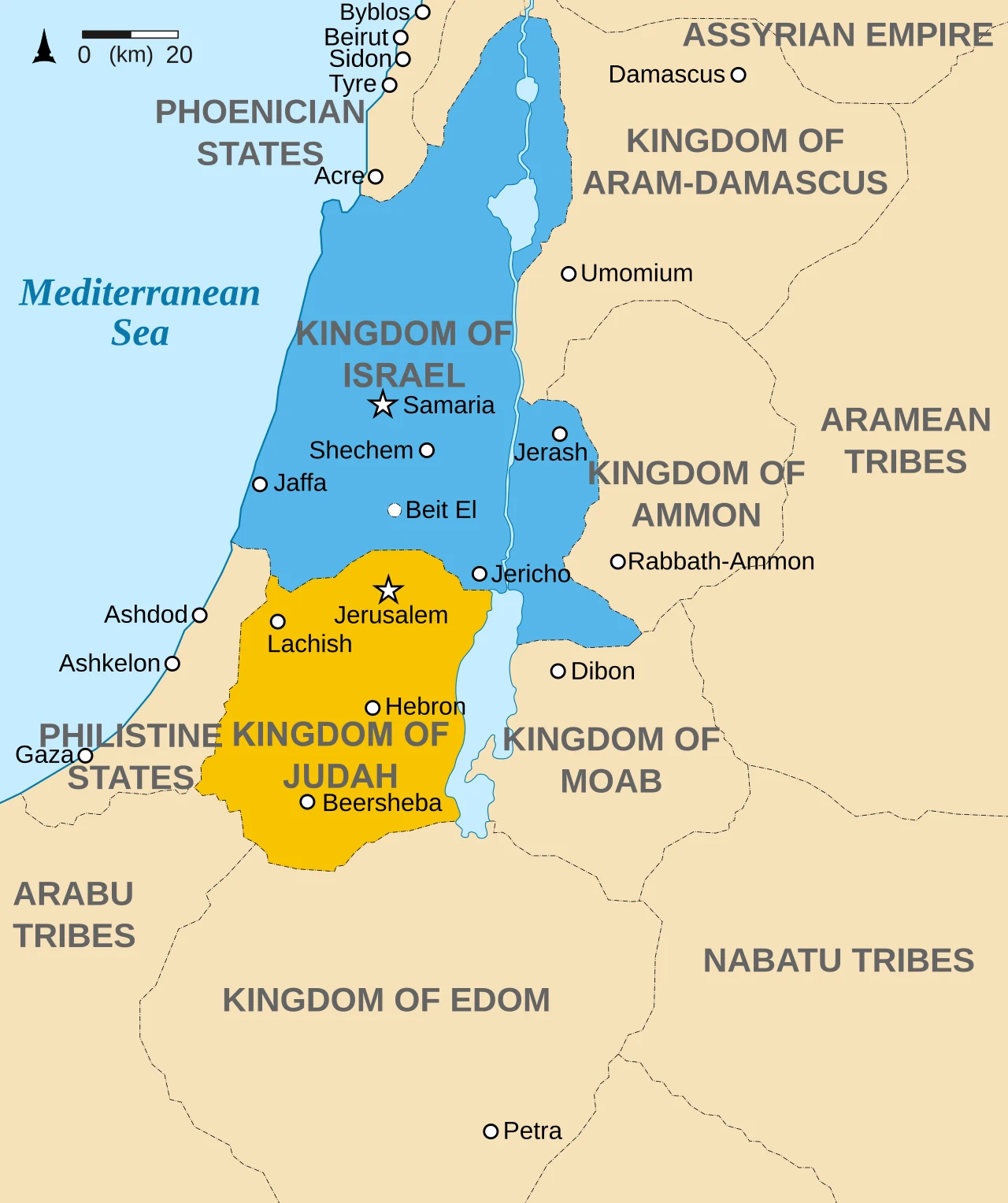 Mapa Krolestwa Izraela i Krolestwa Judy ok. 830 r. p.n.e., z sasiednimi krajami (Fenicja, Aram-Damaszek, Ammon, Moab, Edom, Filistyni)