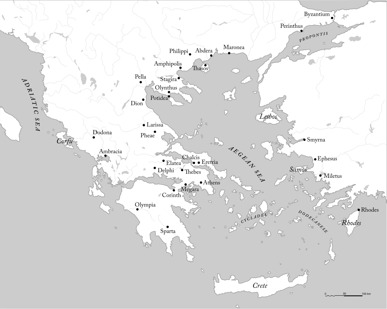 Mapa świata greckiego z zaznaczonymi Atenami (Attyka), Spartą, Miletem (Jonia), Pellą (Macedonia) i Kretą