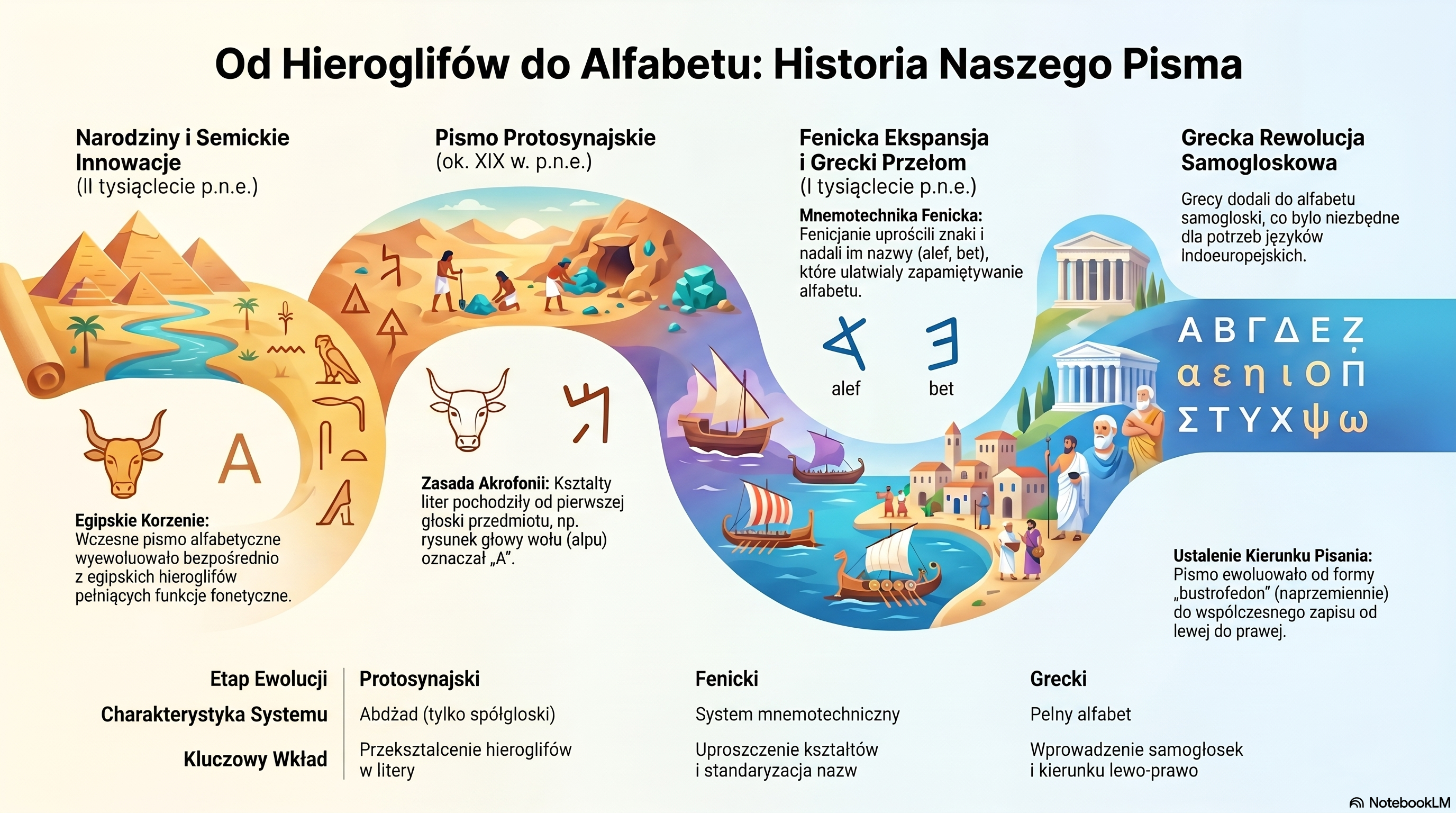 Infografika: Ewolucja alfabetu od hieroglifów do pisma łacińskiego