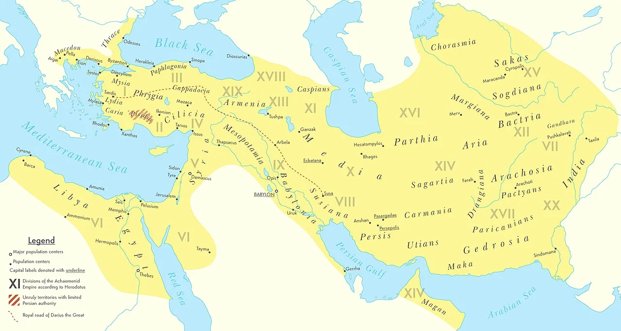 Mapa Imperium Achemenidów — zasięg perskiego imperium w czasach Dariusza I i Kserksesa (ok. 500 p.n.e.)
