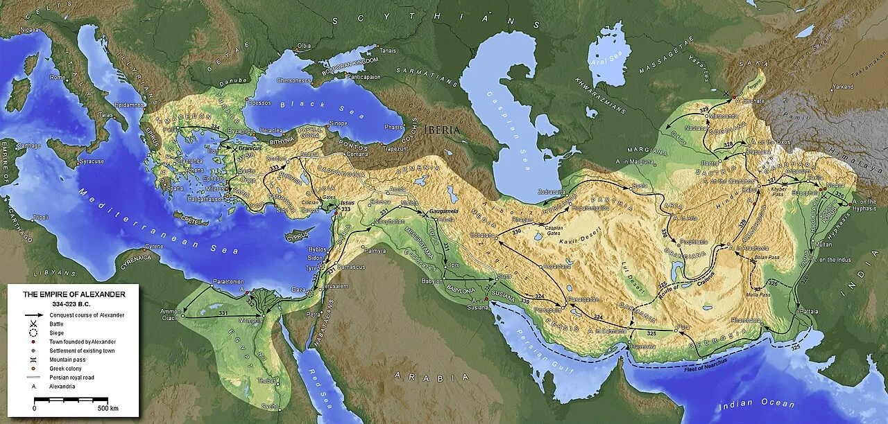 Mapa podbojów Aleksandra Wielkiego — koniec Imperium Achemenidów 334–323 p.n.e.