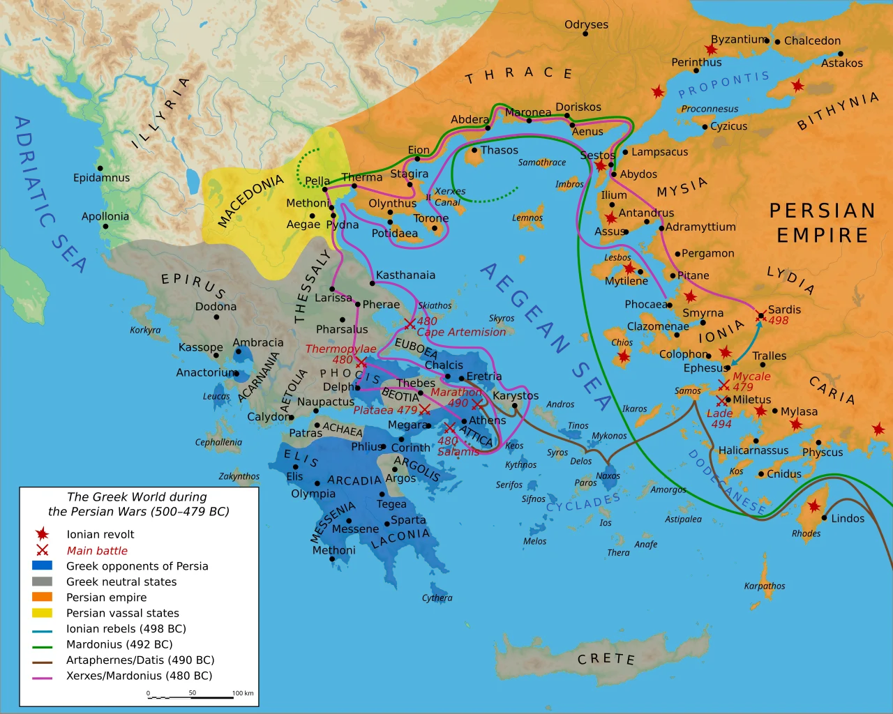 Mapa wojen grecko-perskich — Marathon 490, Termopile 480, Salamina 480, Plateje 479 p.n.e.