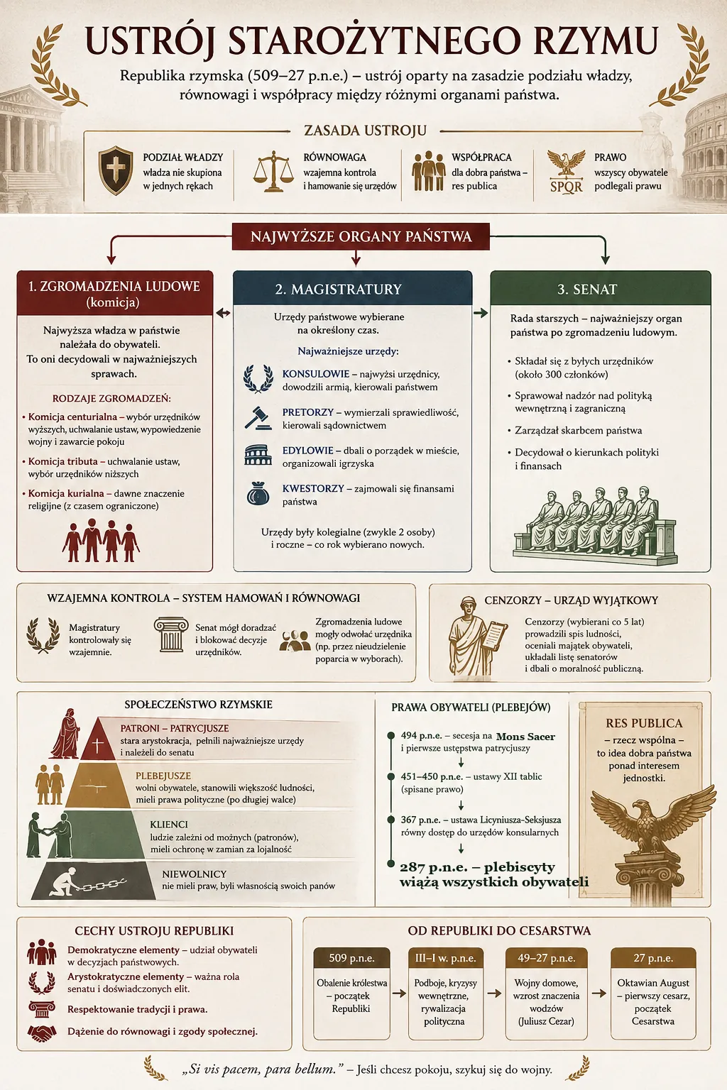 Infografika: Ustroj starozytnego Rzymu - Republika rzymska (509-27 p.n.e.). Zasada ustroju (podzial wladzy, rownowaga, wspolpraca, prawo), najwyzsze organy panstwa (Zgromadzenia ludowe, Magistratury - konsulowie, pretorzy, edylowie, kwestorzy, Senat), system hamowania i rownowagi, cenzorzy, spoleczenstwo rzymskie (patroni-patrycjusze, plebejusze, klienci, niewolnicy), prawa obywateli/plebejow na osi czasu (494 p.n.e. secesja na Mons Sacer, 451-450 p.n.e. ustawy XII tablic, 367 p.n.e. ustawa Licyniusza-Seksjusza, 287 p.n.e. plebiscyty wiazace dla wszystkich obywateli - Lex Hortensia), cechy ustroju republiki, droga od republiki do cesarstwa (509 p.n.e. - 27 p.n.e.).
