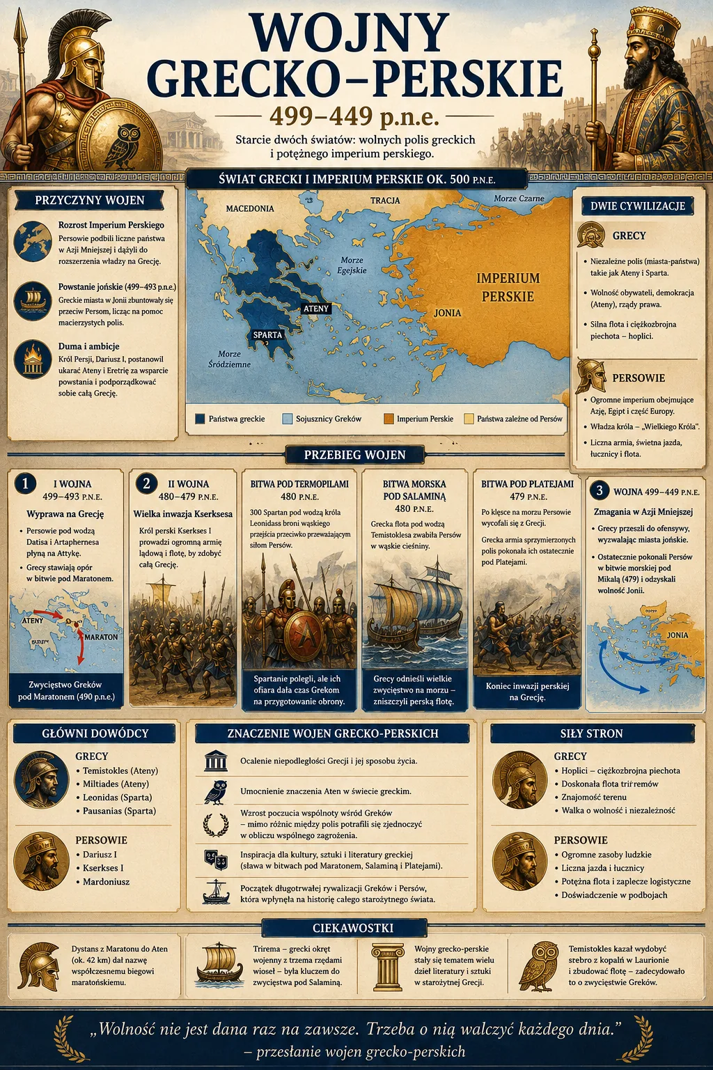 Infografika: Wojny grecko-perskie 499-449 p.n.e. - przyczyny, wielkie bitwy (Maraton, Termopile, Salamina, Plateje), strony konfliktu i skutki