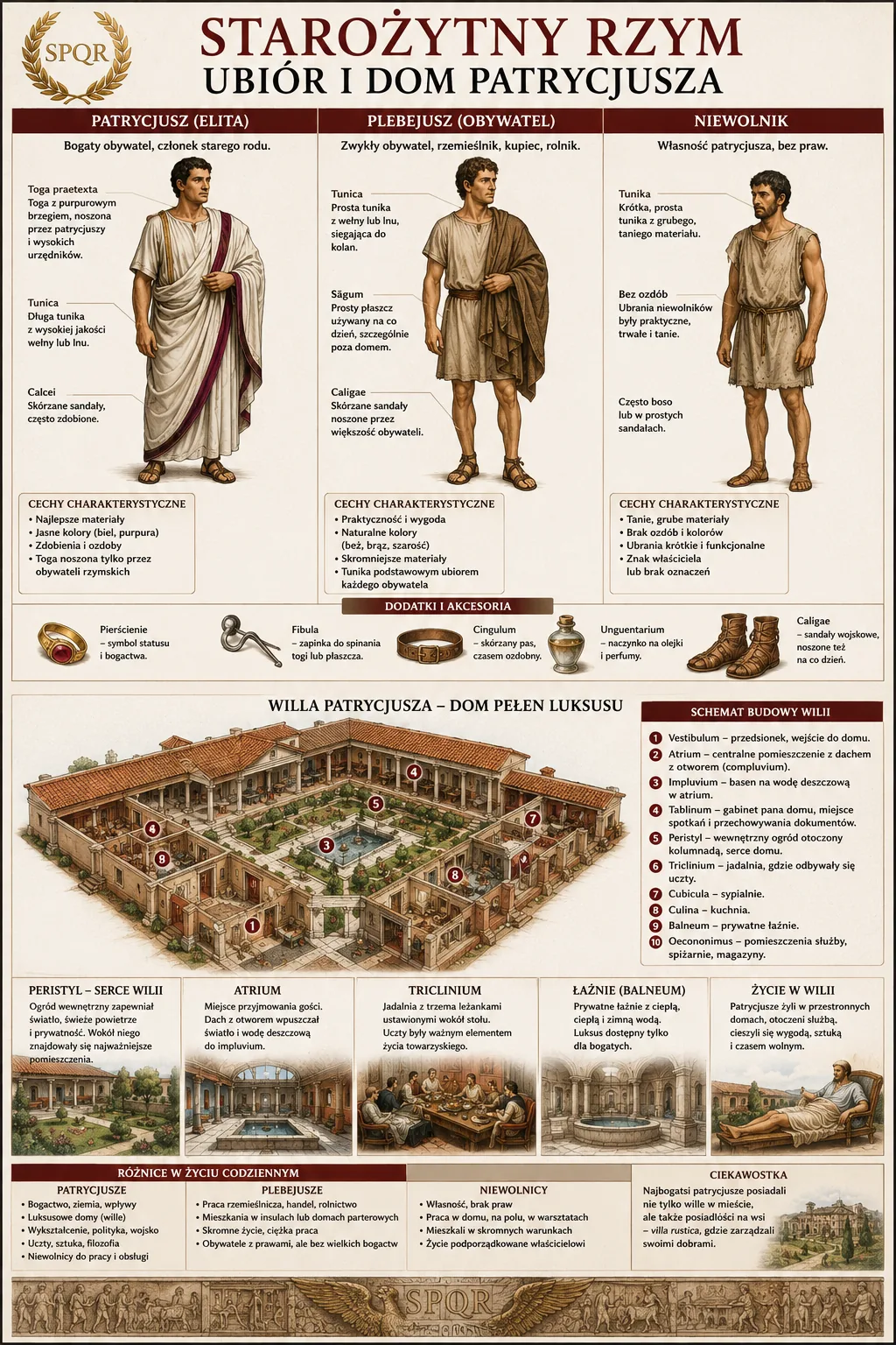 Infografika: starożytny Rzym - ubiór patrycjusza, plebejusza i niewolnika oraz schemat willi patrycjusza (domus) z pomieszczeniami