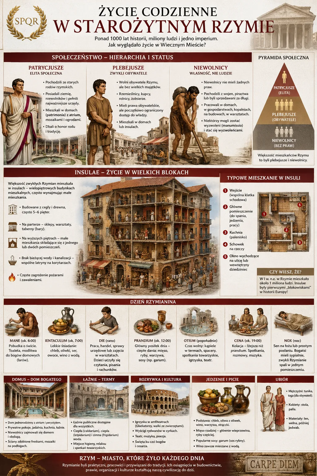 Infografika: Życie codzienne w starożytnym Rzymie - hierarchia społeczna, insulae, dzień Rzymianina, termy, jedzenie i ubiór