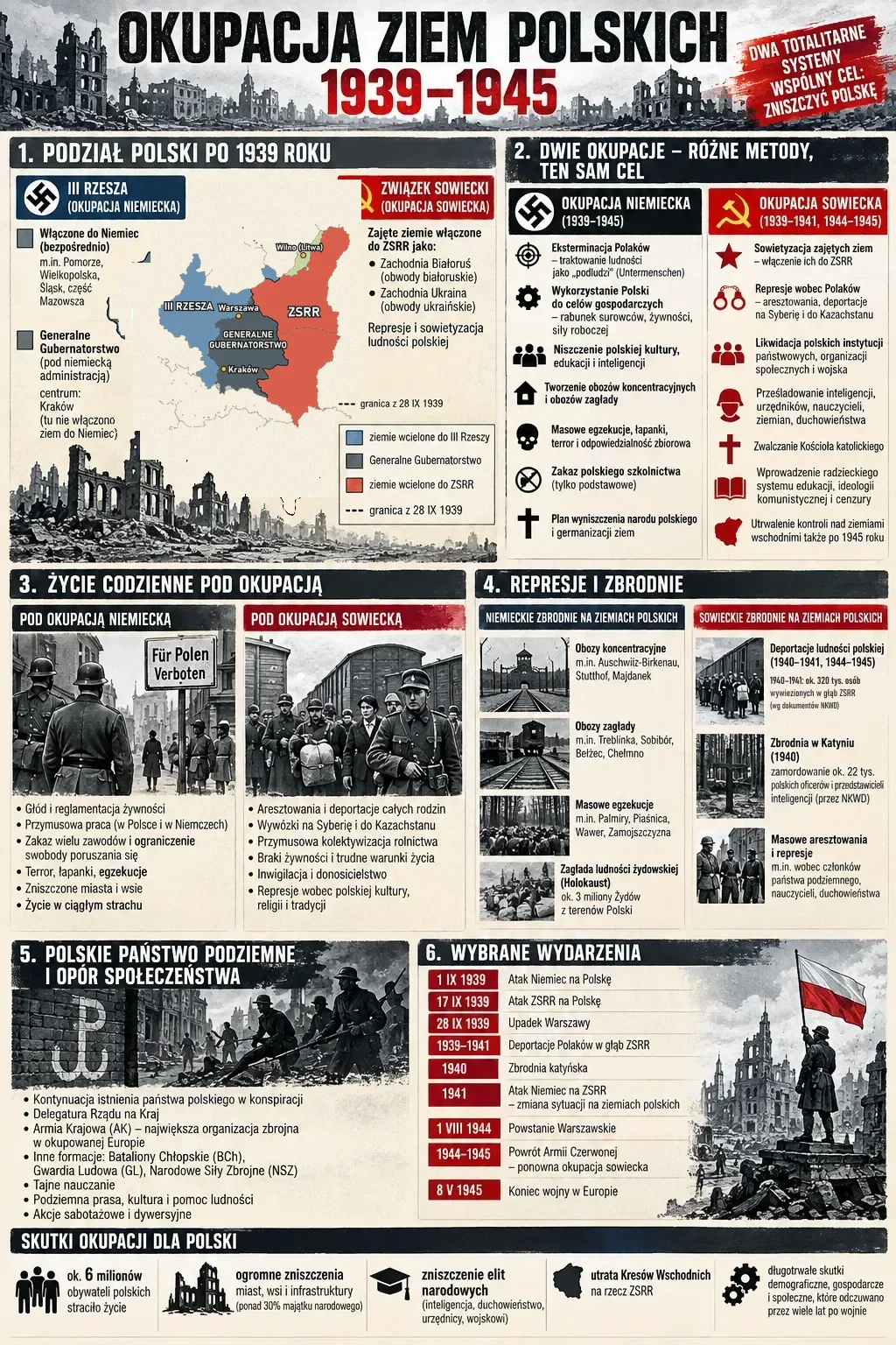 Infografika: Okupacja ziem polskich 1939-1945. 1. Podział Polski po 1939 roku: mapa z ziemiami wcielonymi do III Rzeszy (Pomorze, Wielkopolska, Śląsk, część Mazowsza), Generalnym Gubernatorstwem z Warszawą i Krakowem, ziemiami wcielonymi do ZSRR jako Zachodnia Białoruś i Zachodnia Ukraina oraz Wilnem przekazanym Litwie; granica z 28 IX 1939. 2. Dwie okupacje - różne metody, ten sam cel: okupacja niemiecka (eksterminacja, wyzysk gospodarczy, niszczenie kultury i inteligencji, obozy koncentracyjne i zagłady, łapanki i egzekucje, zakaz szkolnictwa poza podstawowym, germanizacja) i sowiecka (sowietyzacja, aresztowania i deportacje na Syberię i do Kazachstanu, likwidacja polskich instytucji, prześladowanie inteligencji, zwalczanie Kościoła, komunistyczna szkoła i cenzura). 3. Życie codzienne pod okupacją niemiecką i sowiecką. 4. Represje i zbrodnie: Auschwitz-Birkenau, Stutthof, Majdanek; obozy zagłady Treblinka, Sobibór, Bełżec, Chełmno; egzekucje w Palmirach, Piaśnicy, Wawrze, na Zamojszczyźnie; Holokaust - ok. 3 miliony Żydów; deportacje w głąb ZSRR - w latach 1940-1941 ok. 320 tys. osób według dokumentów NKWD, zbrodnia katyńska 1940 - ok. 22 tys. ofiar, aresztowania. 5. Polskie państwo podziemne i opór społeczeństwa: Delegatura Rządu, Armia Krajowa, Bataliony Chłopskie, Gwardia Ludowa, NSZ, tajne nauczanie, prasa podziemna, sabotaż. 6. Wybrane wydarzenia od 1 IX 1939 do 8 V 1945. Skutki okupacji: ok. 6 milionów obywateli polskich straciło życie, zniszczenia ponad 30% majątku narodowego, zniszczenie elit, utrata Kresów Wschodnich, długotrwałe skutki demograficzne.