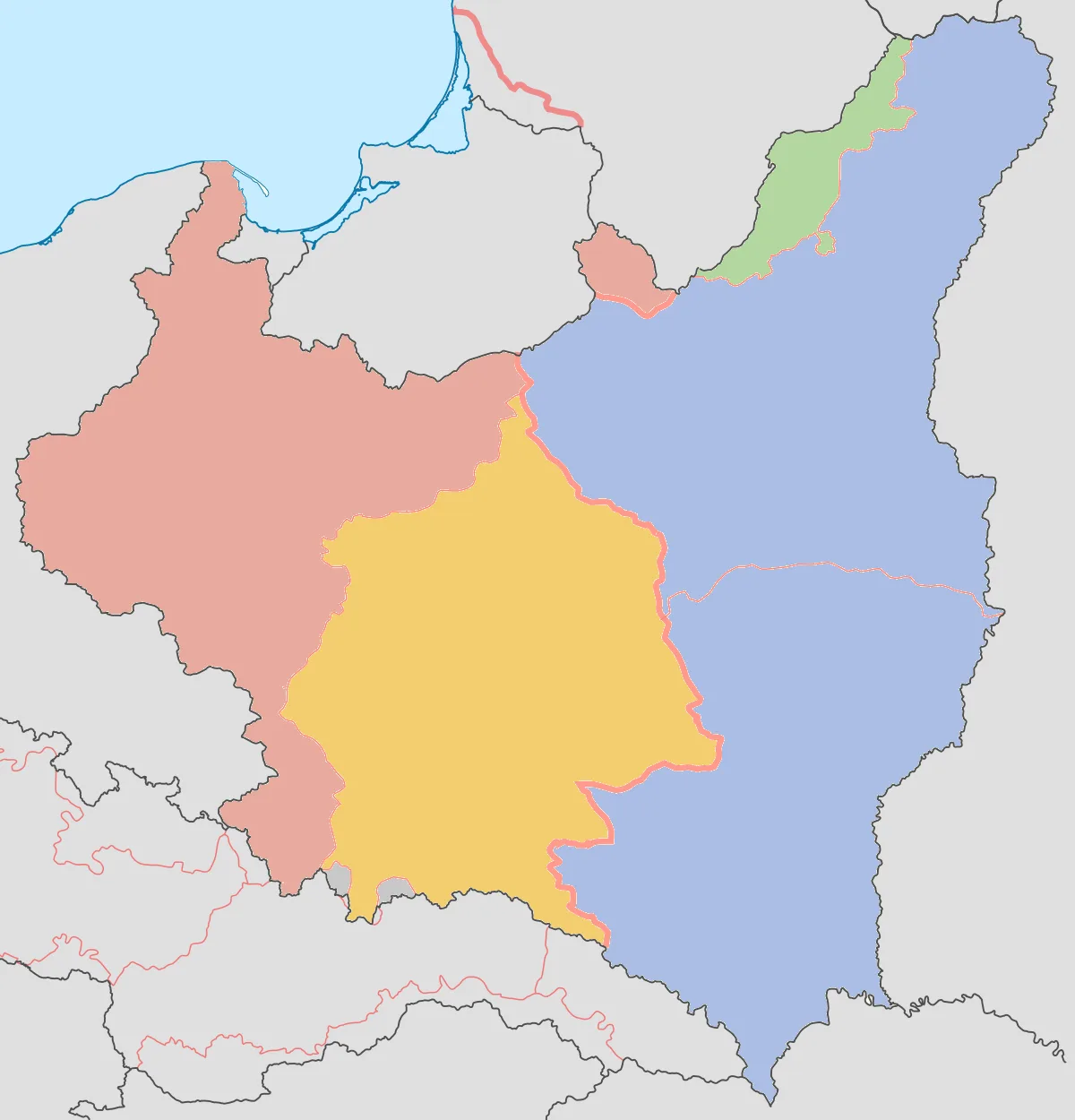 Mapa II Rzeczypospolitej w latach 1939-1941: ziemie wcielone do III Rzeszy, Generalne Gubernatorstwo, ziemie zajęte przez ZSRS i Wileńszczyzna przekazana Litwie
