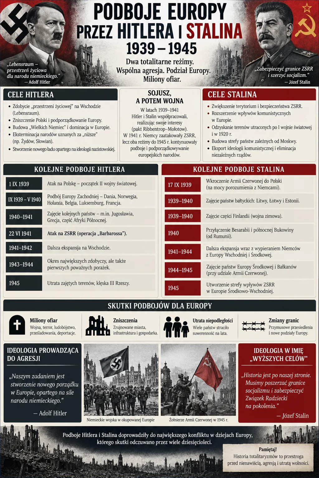 Infografika: Podboje Europy przez Hitlera i Stalina 1939-1945. Cele Hitlera: zdobycie przestrzeni życiowej na wschodzie, zniszczenie Polski, budowa Wielkich Niemiec, eksterminacja narodów uznanych za niższe. Cele Stalina: zwiększenie terytorium i bezpieczeństwa ZSRR, rozszerzenie wpływów komunistycznych, odzyskanie ziem utraconych po I wojnie światowej, budowa strefy państw zależnych od Moskwy. Kolejne podboje Hitlera: 1 IX 1939 atak na Polskę, IX 1939-V 1940 podbój Europy Zachodniej (Dania, Norwegia, Holandia, Belgia, Luksemburg, Francja), 1940-1941 zajęcie Jugosławii, Grecji, części Afryki Północnej, 22 VI 1941 atak na ZSRR (operacja Barbarossa), 1941-1945 dalsza ekspansja, okres największych zdobyczy i pierwszych porażek, 1945 utrata zajętych terenów i klęska III Rzeszy. Kolejne podboje Stalina: 17 IX 1939 atak na Polskę zgodnie z paktem Ribbentrop-Mołotow, 1939-1940 zajęcie państw bałtyckich i części Finlandii, 1940 przyłączenie Besarabii i północnej Bukowiny, 1941-1945 ekspansja wraz z wypieraniem Niemców z Europy Wschodniej i Środkowej, utworzenie strefy wpływów ZSRR w Europie Środkowo-Wschodniej. Współpraca a potem wojna: pakt Ribbentrop-Mołotow 23 VIII 1939 - układ o nieagresji z tajnym protokołem o podziale Europy Wschodniej na strefy wpływów; koniec sojuszu 22 VI 1941 - Niemcy łamią pakt i atakują ZSRR, rozpoczynając największy konflikt lądowy w historii. Skutki ekspansji 1939-1945: miliony ofiar, upadek państw i utrata niepodległości, ogromne zniszczenia miast i infrastruktury, cierpienie ludności - okupacja, terror, głód, deportacje.