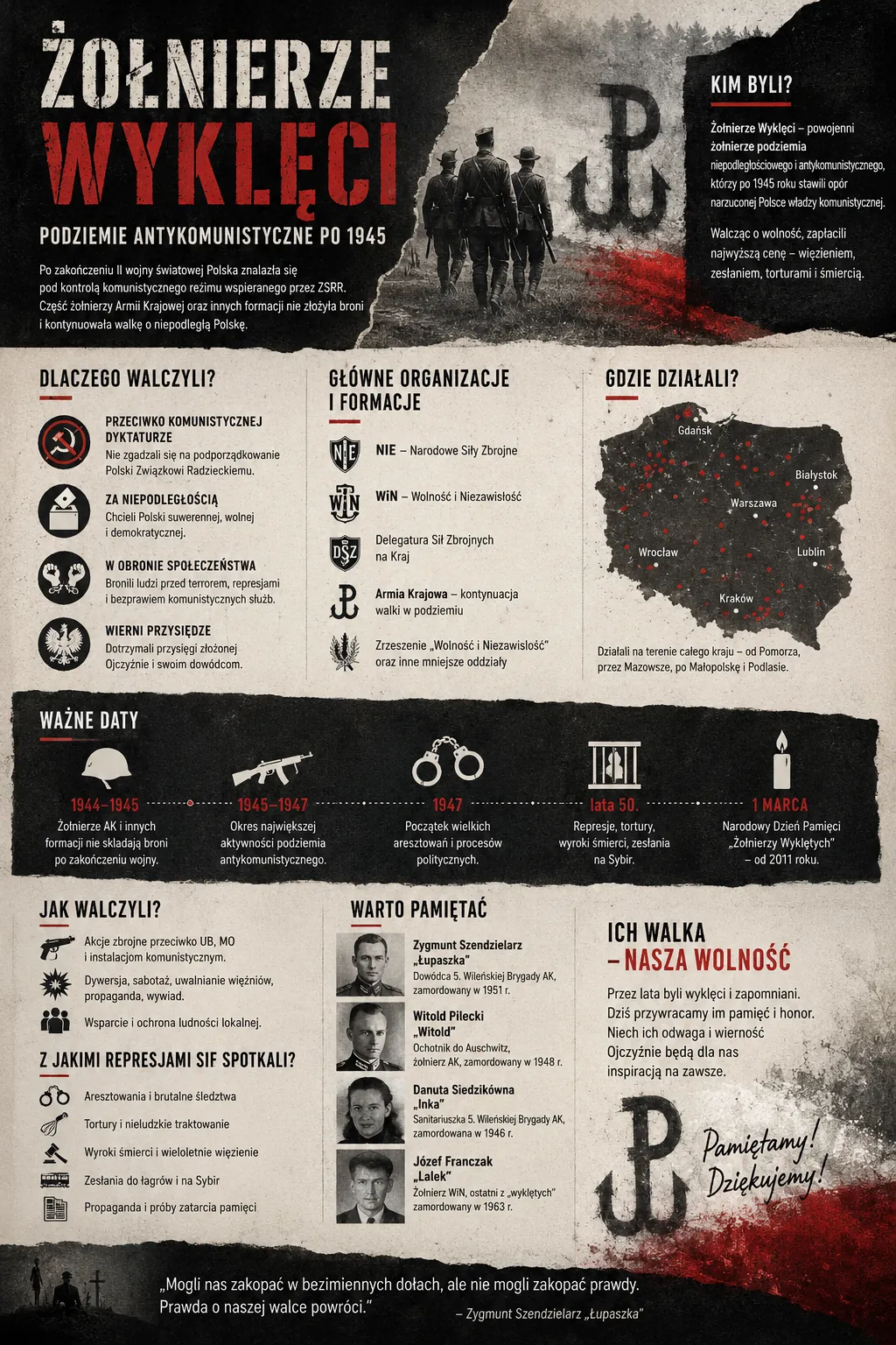 Infografika: Żołnierze Wyklęci - podziemie antykomunistyczne 1944-1963: geneza drugiej konspiracji, najważniejsze organizacje (WiN, NZW, NSZ), bohaterowie, aparat represji UB i NKWD oraz pamięć