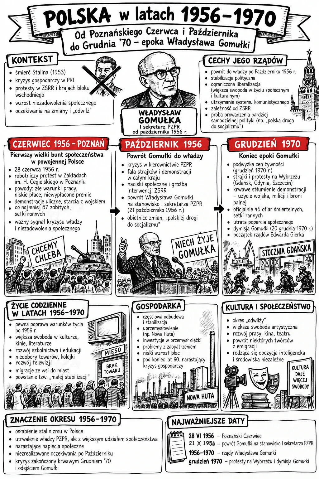 Infografika: Polska w latach 1956-1970 - epoka Władysława Gomułki. Kontekst: śmierć Stalina, kryzys gospodarczy, oczekiwanie na odwilż. Cechy rządów Gomułki: ograniczona liberalizacja, utrzymanie systemu komunistycznego, zależność od ZSRR, polska droga do socjalizmu. Czerwiec 1956 w Poznaniu: protest robotników Zakładów Cegielskiego, starcia z wojskiem, co najmniej 57 zabitych. Październik 1956: Gomułka I sekretarzem PZPR 21 października 1956. Grudzień 1970: podwyżki cen, protesty na Wybrzeżu, 45 ofiar, dymisja Gomułki i początek rządów Gierka. Życie codzienne, gospodarka (Nowa Huta, przemysł ciężki, problemy z zaopatrzeniem), kultura i społeczeństwo, znaczenie okresu i najważniejsze daty.